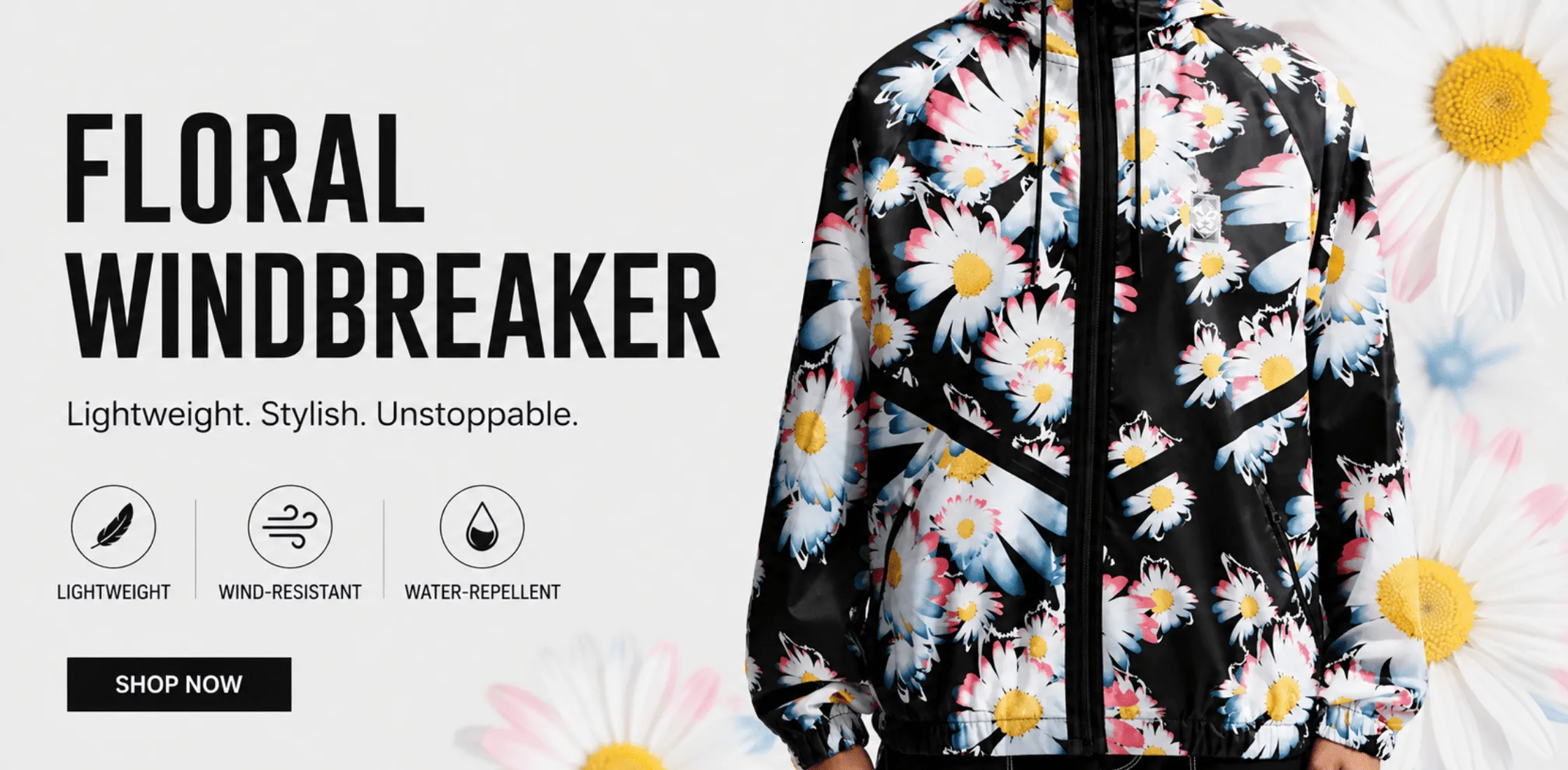 FIFA World Cup 2026 South Korea Anthem Jacket with black floral print, multicolor daisy design, hooded windbreaker style