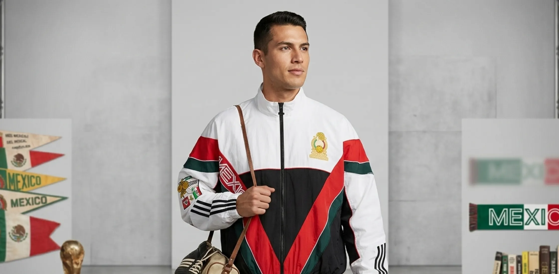FIFA 2026 World Cup Mexico colorblock track jacket with bold “MEXICO” branding, Adidas-style stripes, and retro streetwear design.