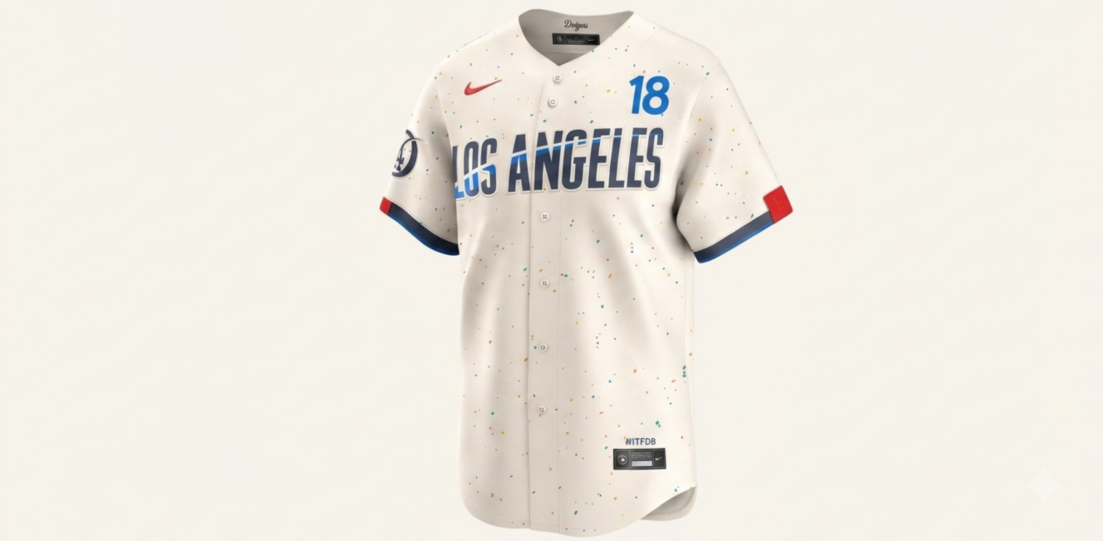 Los Angeles Dodgers Cream City Connect Jersey with speckled confetti design, navy “LOS ANGELES” lettering, and Nike branding on cream base