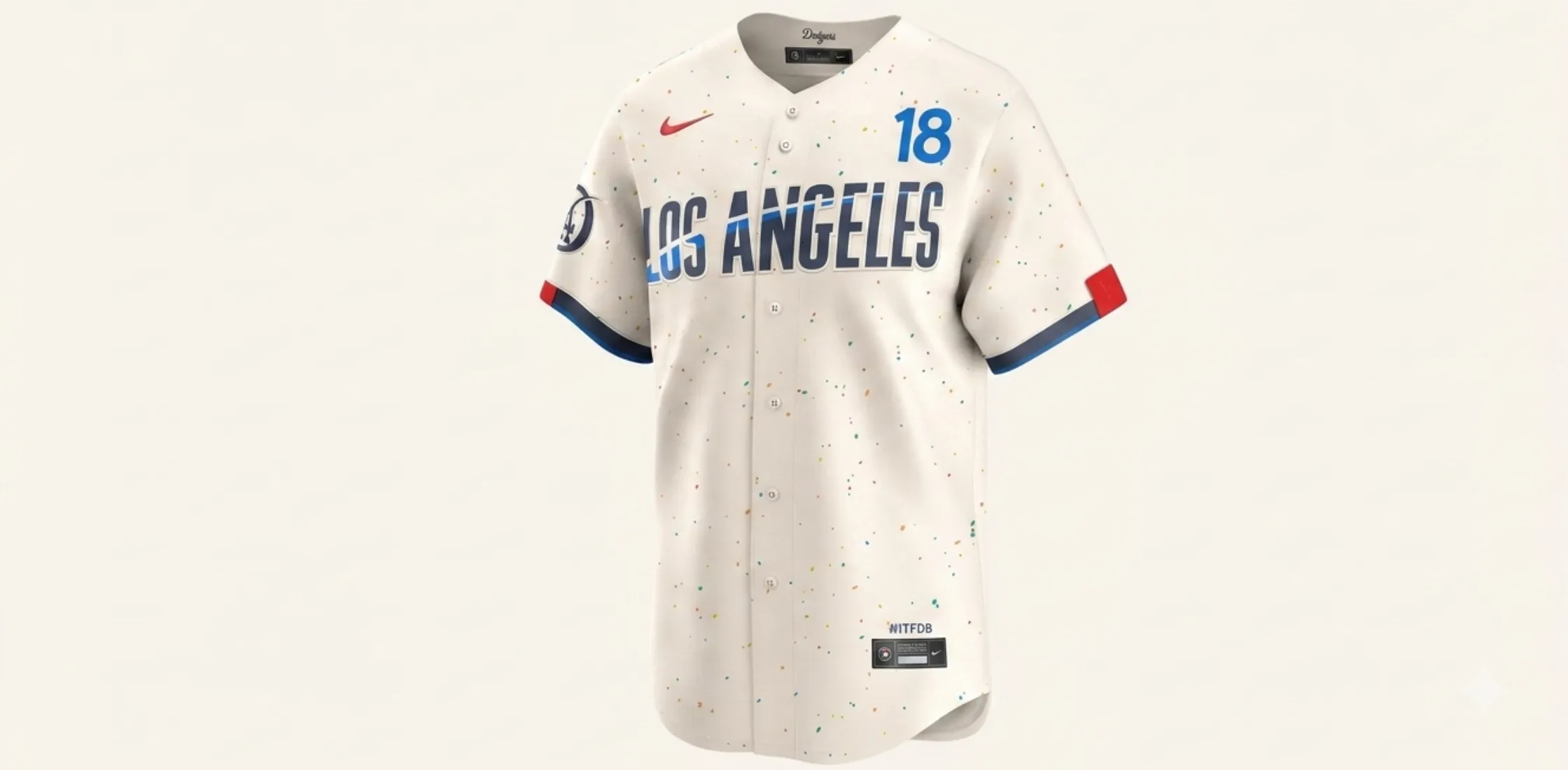 Los Angeles Dodgers Cream City Connect Jersey with speckled confetti design, navy “LOS ANGELES” lettering, and Nike branding on cream base