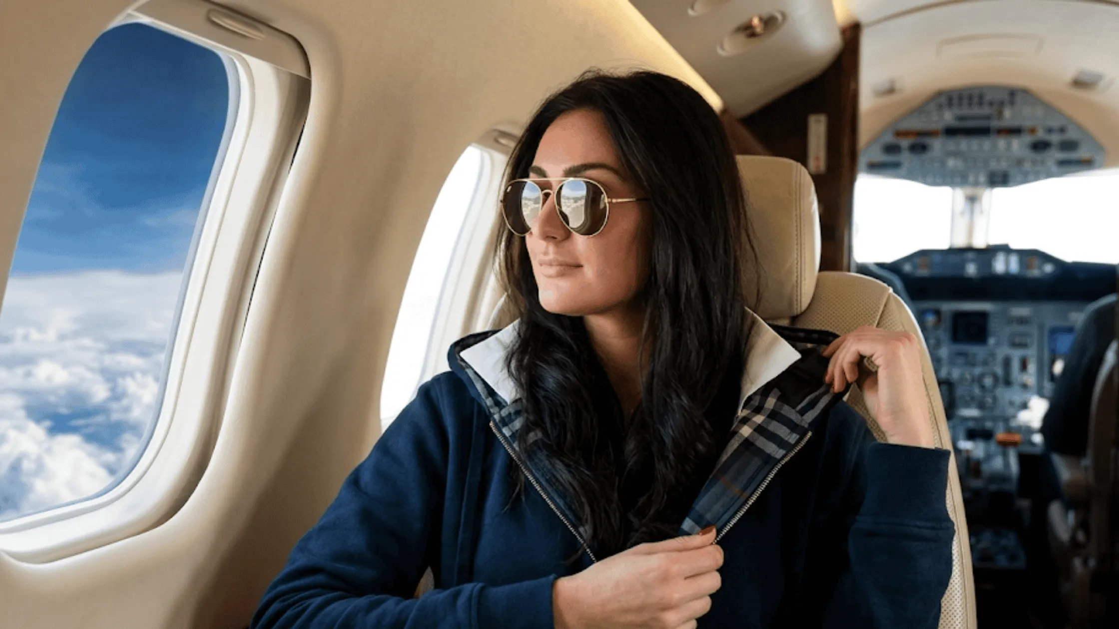 Jenni Farley JWoww wearing the navy blue wool bomber jacket with plaid trim on Jersey Shore Family Vacation.