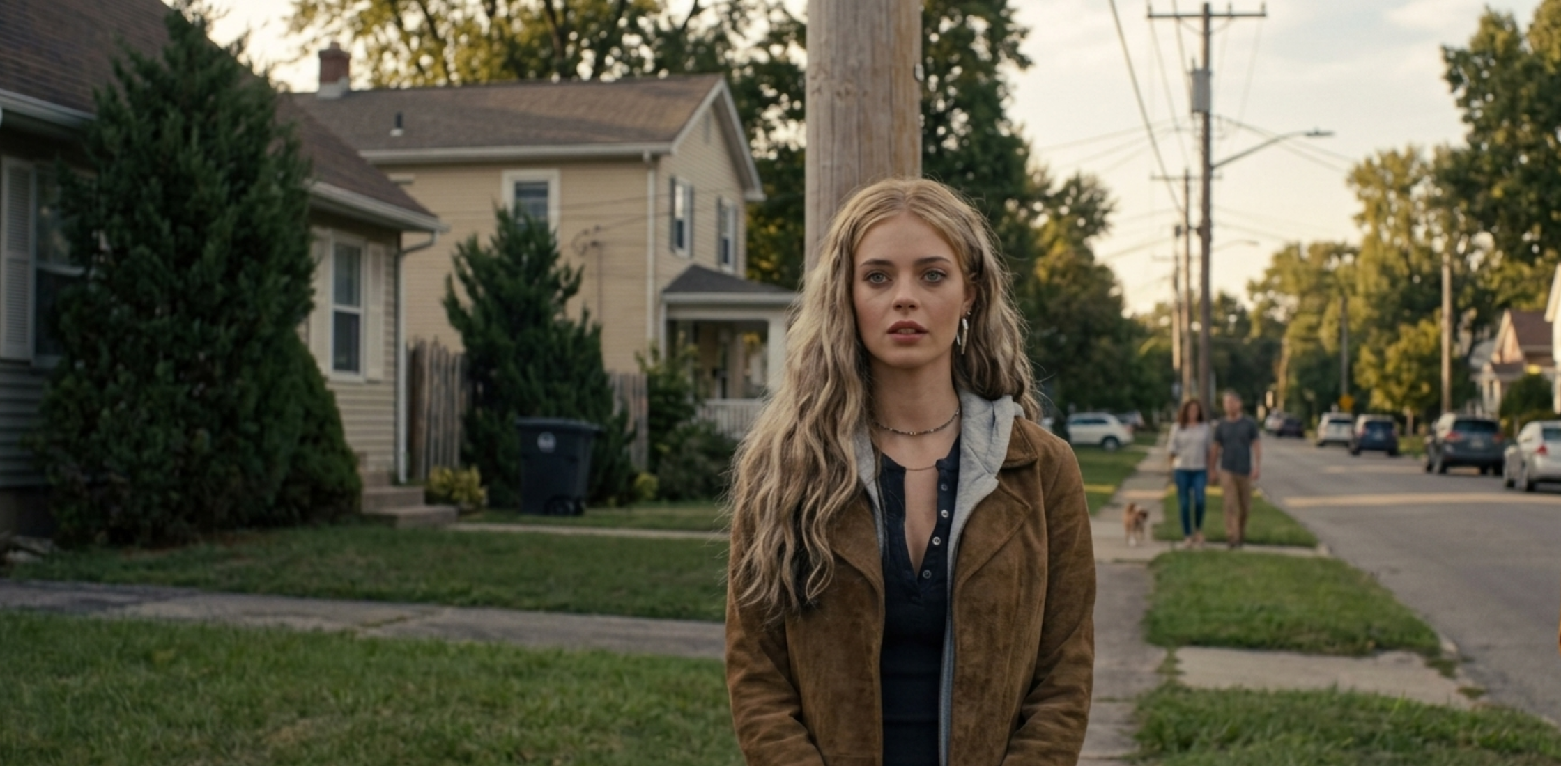 Samara Weaving-inspired Eenie Meanie brown suede long coat styled with layered streetwear outfit including hoodie, henley, and denim jeans