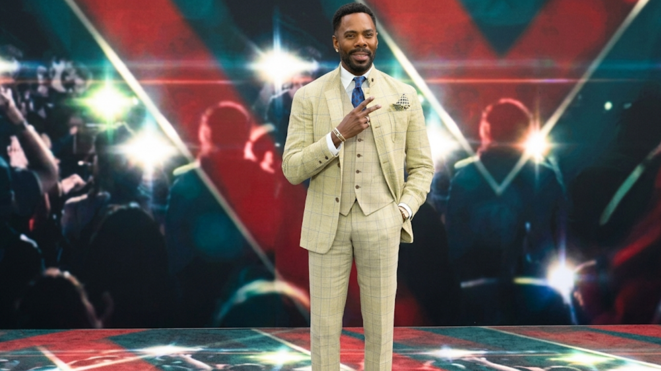 Colman Domingo Disclosure Day UK Premiere 2026 cream tan Prince of Wales check asymmetrical blazer avant-garde red carpet tailoring