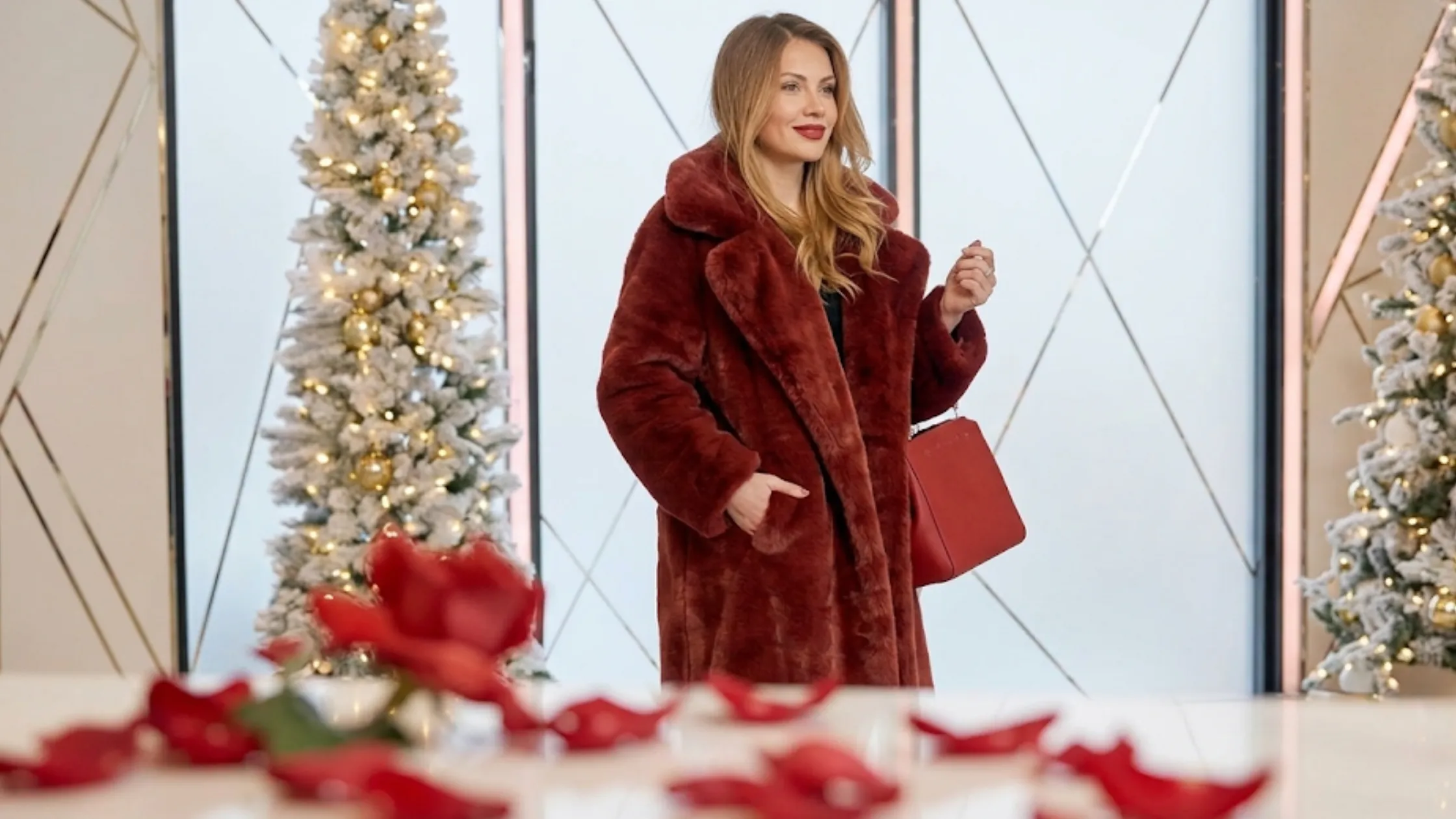 Demi Engemann burgundy faux fur coat Season 2 reality TV finale luxury mob wife aesthetic oversized burgundy winter coat