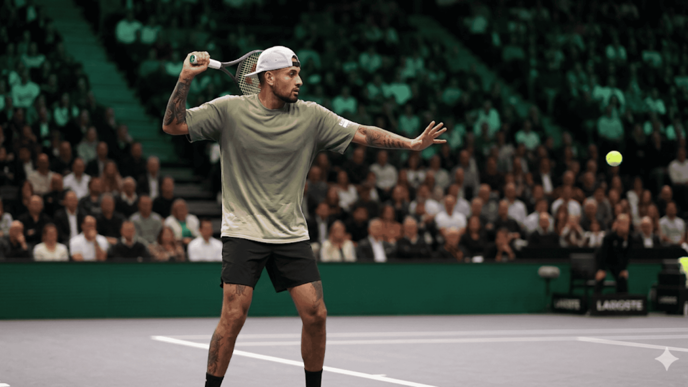 Nick Kyrgios in a sage green Lucky Energy oversized t-shirt playing tennis at the Dubai Showdown banner.