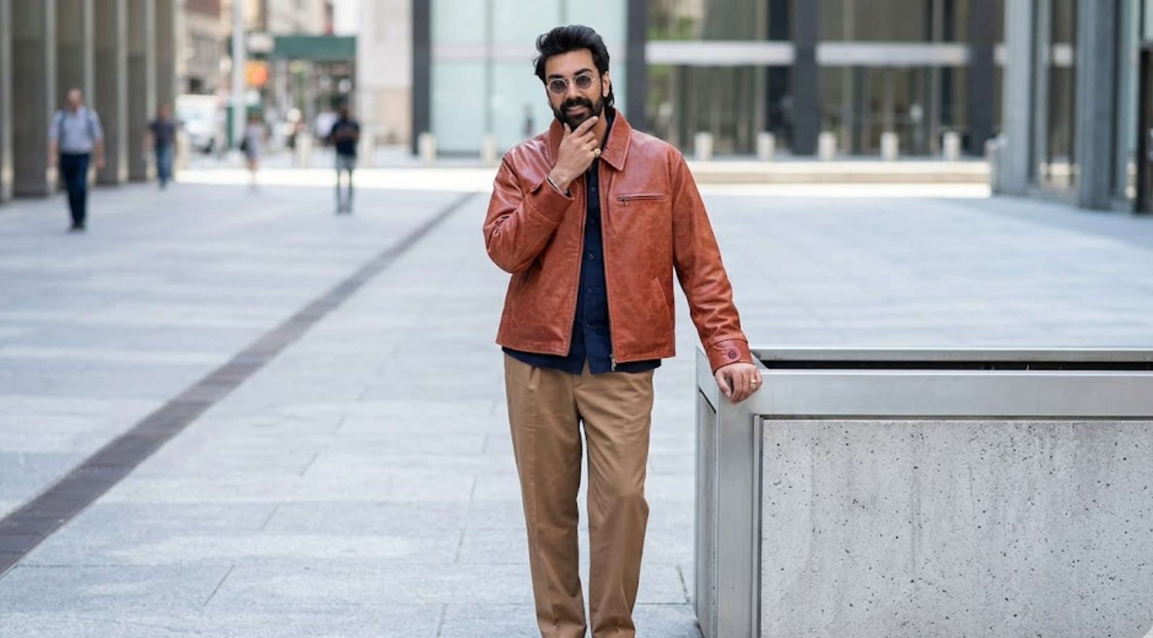Saagar Shaikh Hudson Square NYC 2026 Brown Leather Jacket with Zip Chest Pockets and Vintage Distressed Finish