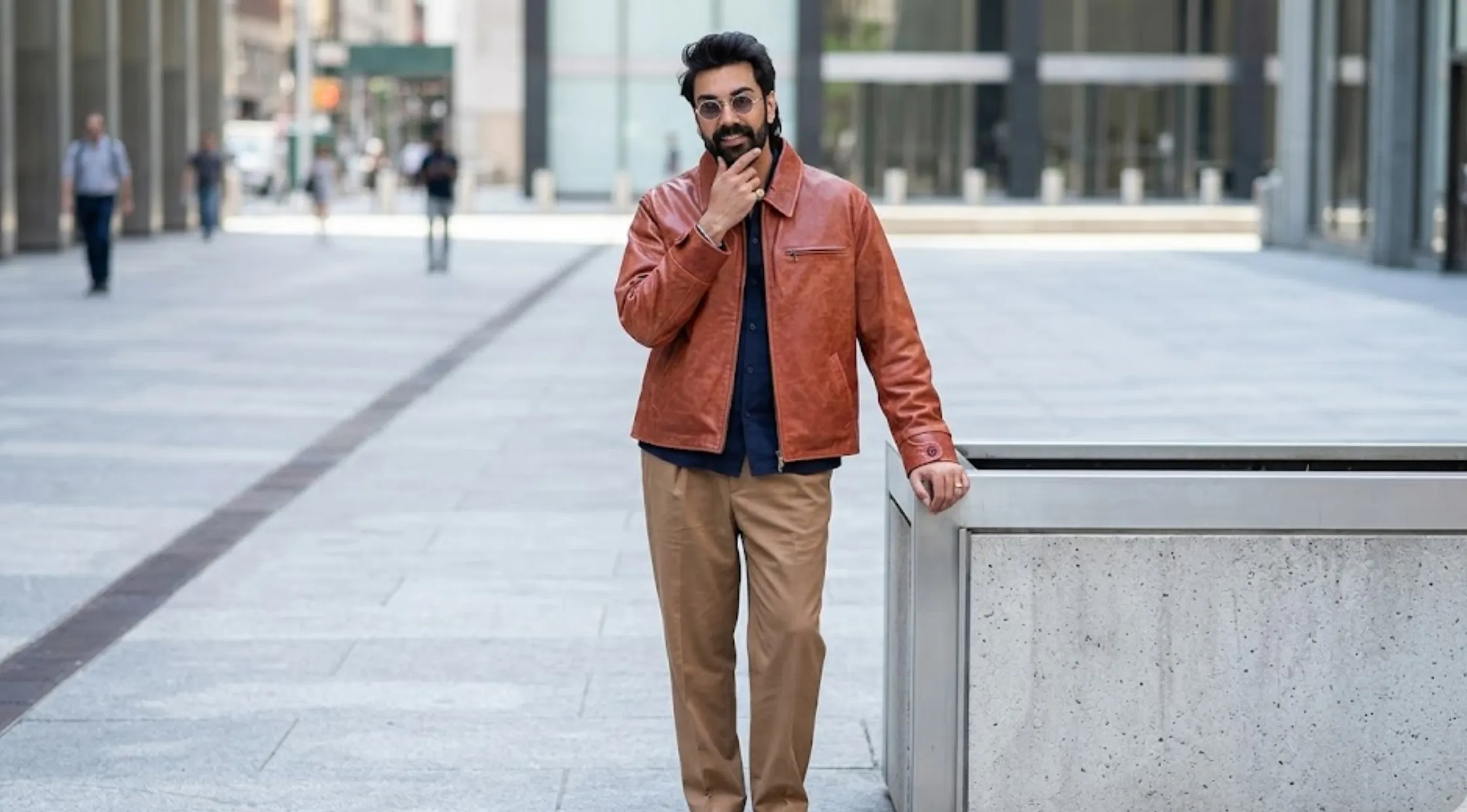 Saagar Shaikh Hudson Square NYC 2026 Brown Leather Jacket with Zip Chest Pockets and Vintage Distressed Finish