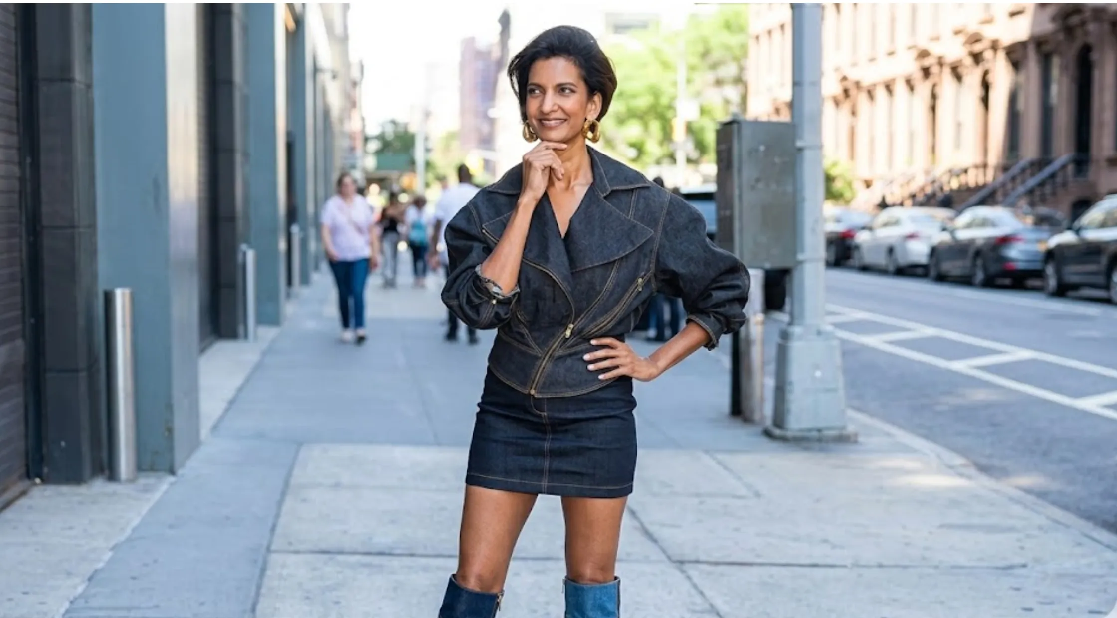 Poorna Jagannathan Hudson Square NYC 2026 Dark Indigo Denim Jacket with Balloon Sleeves and Asymmetrical Zip