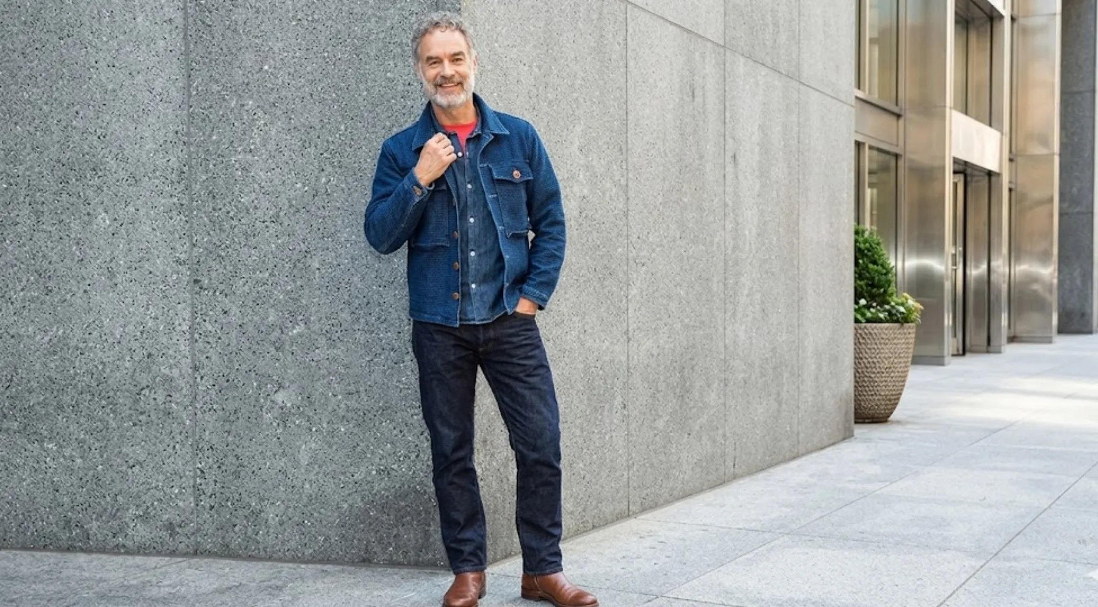Murray Bartlett Live with Kelly and Mark NYC 2026 Indigo Textured Chore Jacket with Brown Button Closure