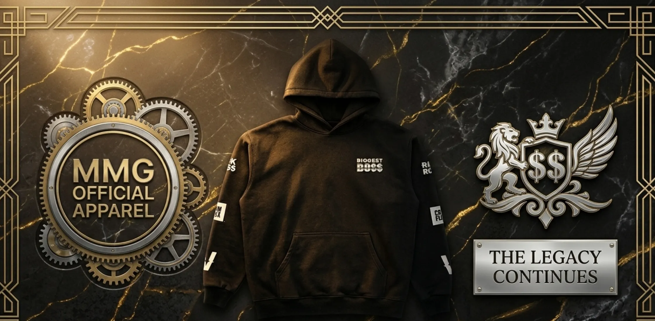 Rick Ross X Verzuz Biggest Boss black hoodie with silver chrome 3D “BIGGEST BO$$” back graphic and oversized streetwear fit luxury design