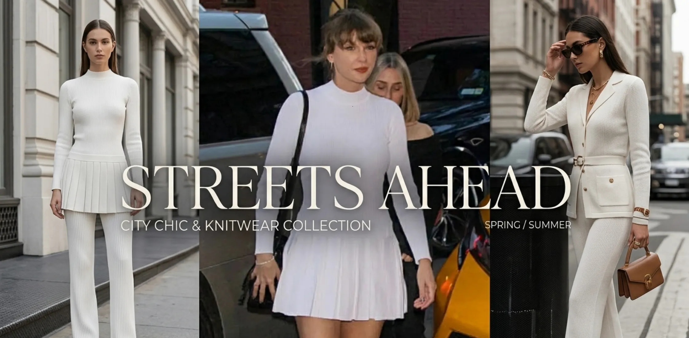 Taylor Swift NYC 2026 white ribbed mini dress with pleated tennis skirt and long-sleeve fitted bodice, modern elegant city night-out fashion look.