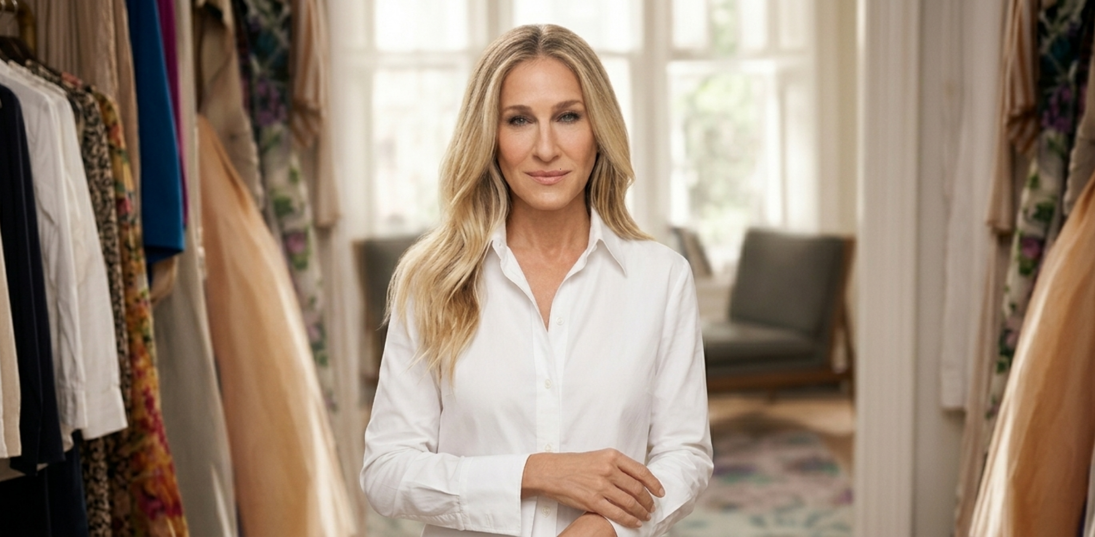 Sarah Jessica Parker white shirt from And Just Like That featuring oversized tailoring, cotton poplin fabric, and high-low hem New York style
