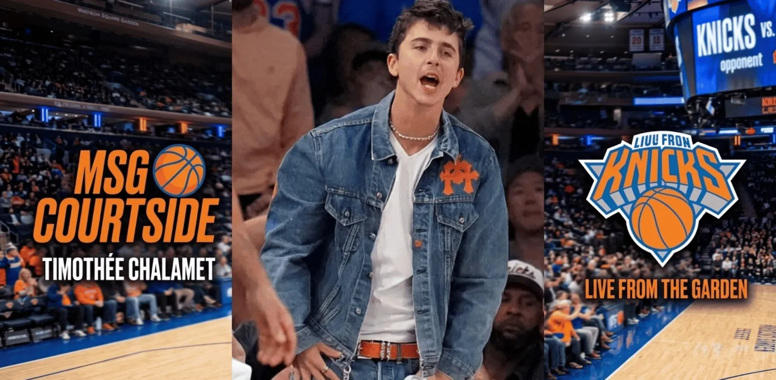 Timothee Chalamet 2026 NBA Finals blue denim trucker jacket with orange leather cross patches and luxury streetwear design