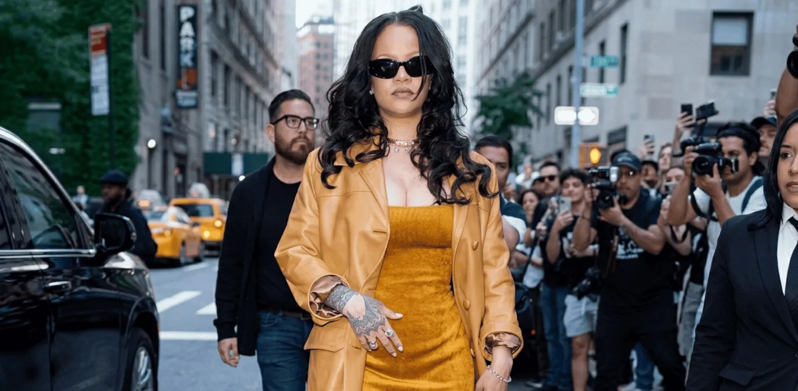 Rihanna New York City 2026 camel leather coat with notched lapel, flap pockets, and luxury street-style design