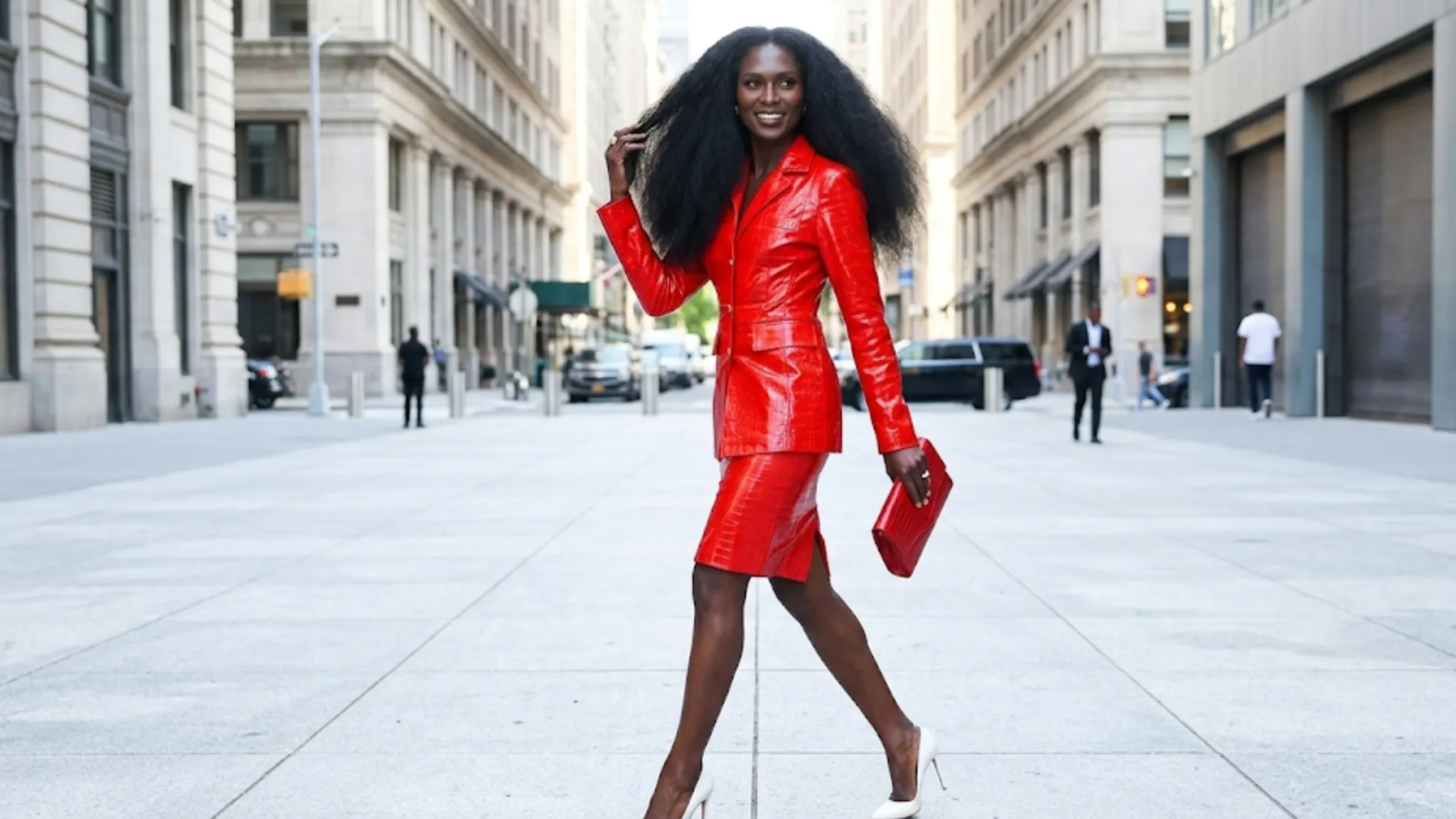 Jodie Turner-Smith NYC 2026 red patent leather blazer croc embossed skirt suit gold buttons monochrome luxury outfit Hudson Square