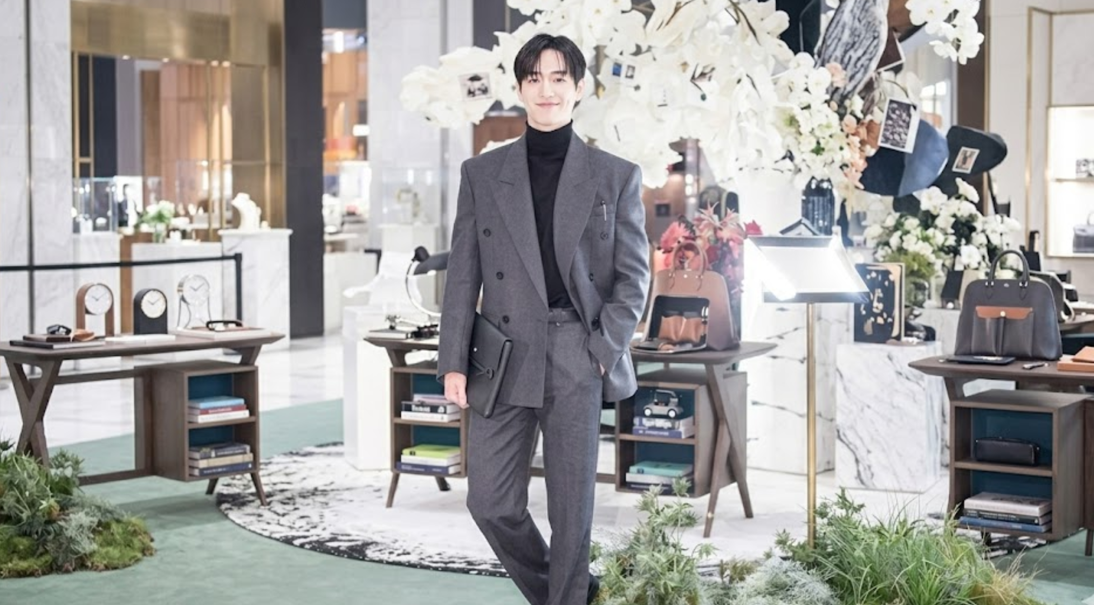 Seo Kang-Joon Montblanc Tree of Writing Pop-Up Store Grey Double-Breasted Tailored Suit at Hyundai Department Store Pangyo