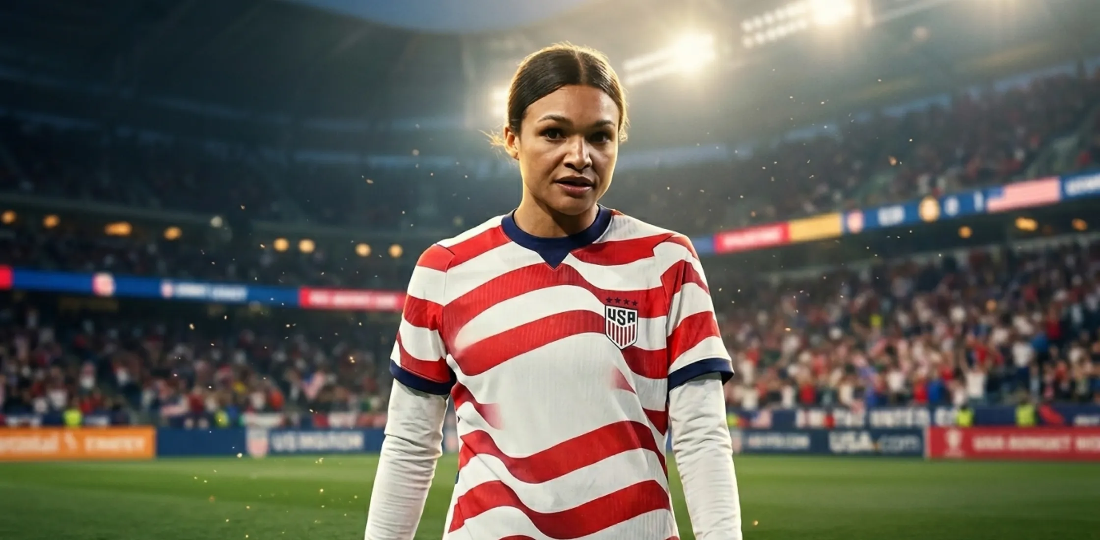 Sophia Wilson wearing USWNT 2026 International Friendly jersey with wavy red stripes and navy detailing during match