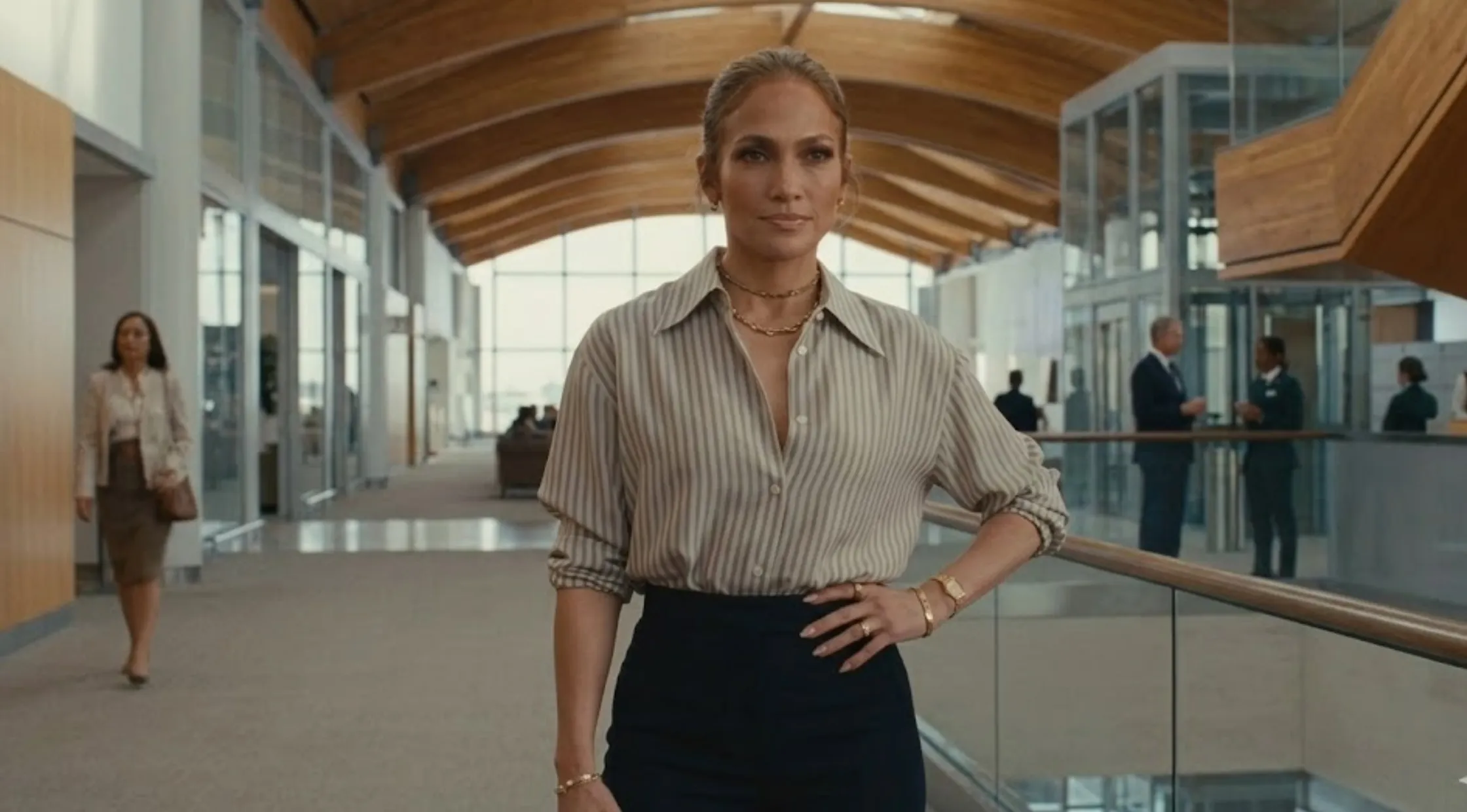 Jennifer Lopez Office Romance White and Grey Pinstripe Button-Down Shirt with Contrast Stripe Yoke