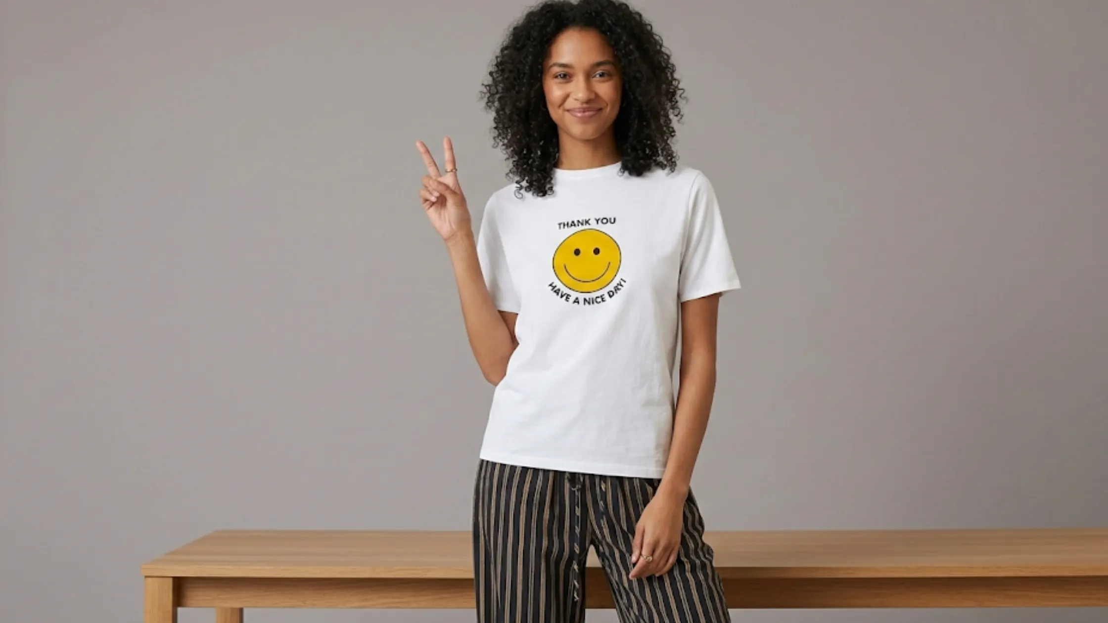 Smiley face retro graphic white crewneck t-shirt “Have a Nice Day” Danielle Olivera In The City S01 relaxed fit streetwear tee