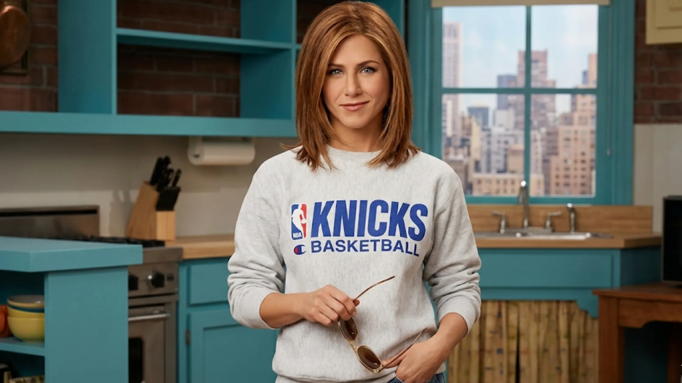 Rachel Green Friends Knicks sweatshirt oversized heather grey crewneck vintage 90s NBA basketball graphic New York Knicks Champion style