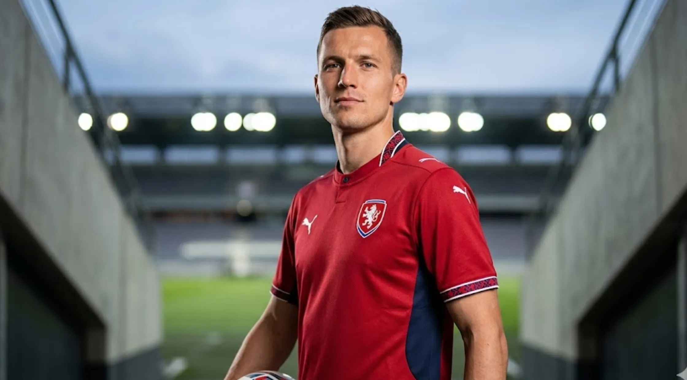 Czechia 2026 Home Football Jersey in Dark Cherry Red with Navy Side Panels and Czech Lion Crest