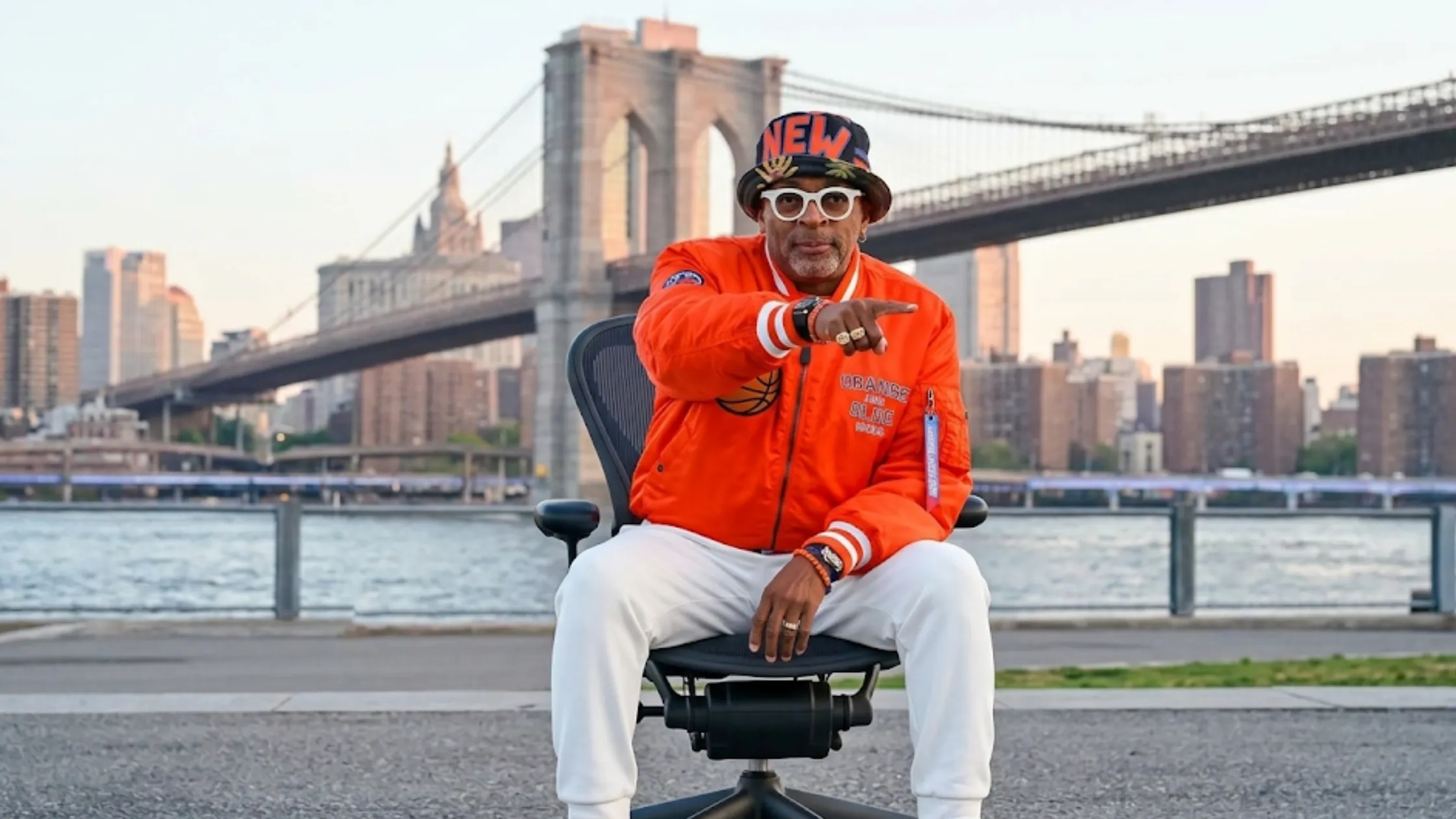 Spike Lee 2026 NBA Finals New York Knicks orange satin varsity bomber jacket embroidered basketball patch Orange and Blue Skies lettering