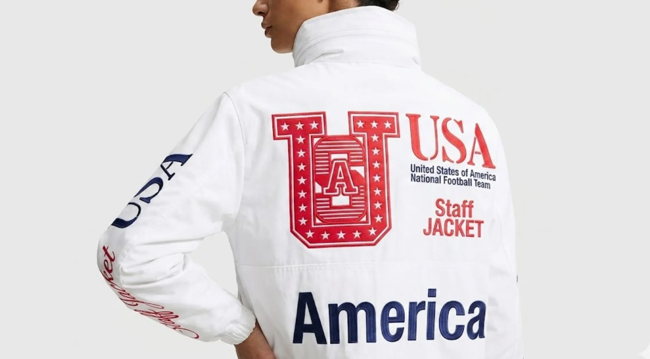 USA x VAA Woven White Staff Jacket with Stand Collar and Button Front Closure