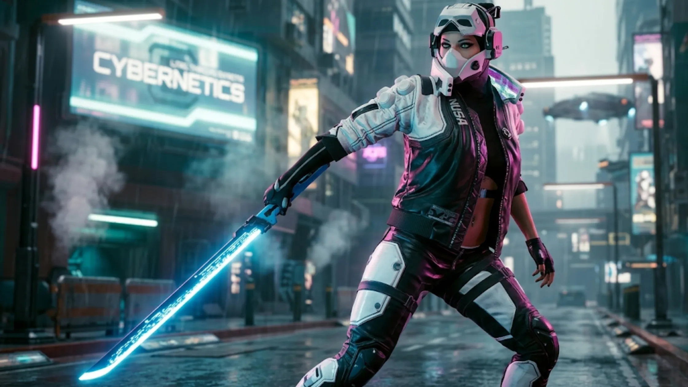 Cyberpunk 2077 NUSA Infiltrator jacket black and white tactical bomber with LED collar, armored sleeves, and eagle back graphic