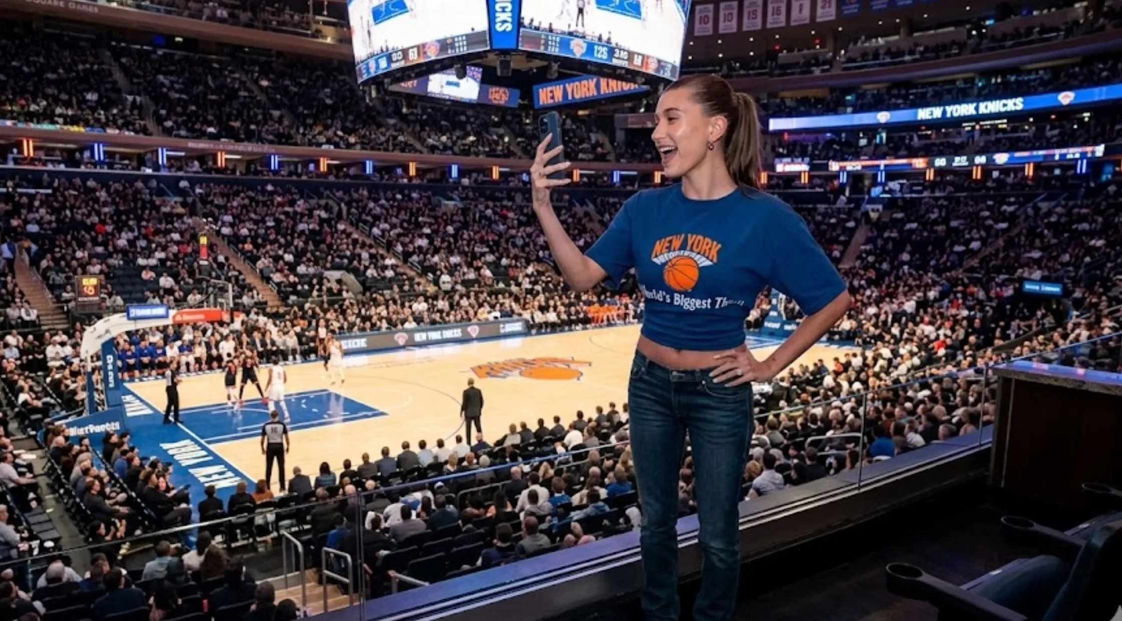 Hailey Bieber NBA Finals New York Knicks Royal Blue Vintage Graphic T-Shirt with Retro Basketball Print