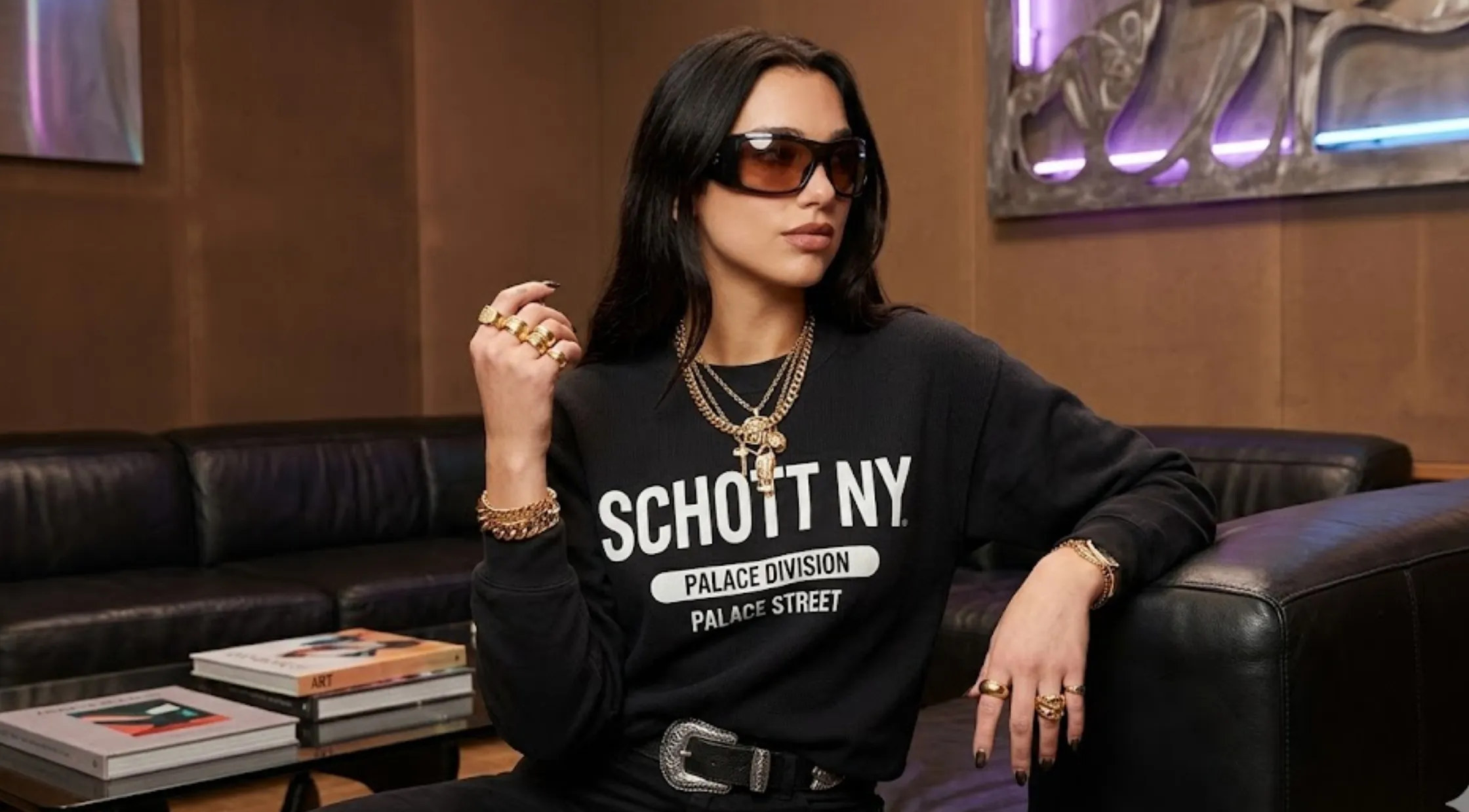 Dua Lipa Schott NYC Palace Division Black Crewneck Sweatshirt with Graphic Typography Print