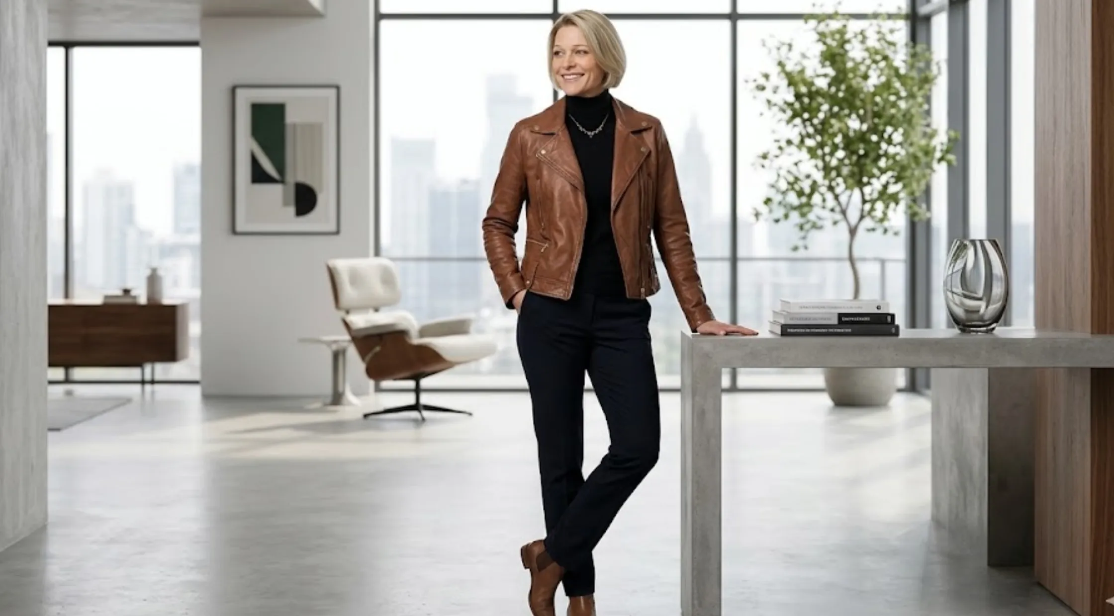 Sian Brooke Trying Season 3 Cognac Brown Biker Leather Jacket with Wide Notch Lapel and Asymmetrical Zip