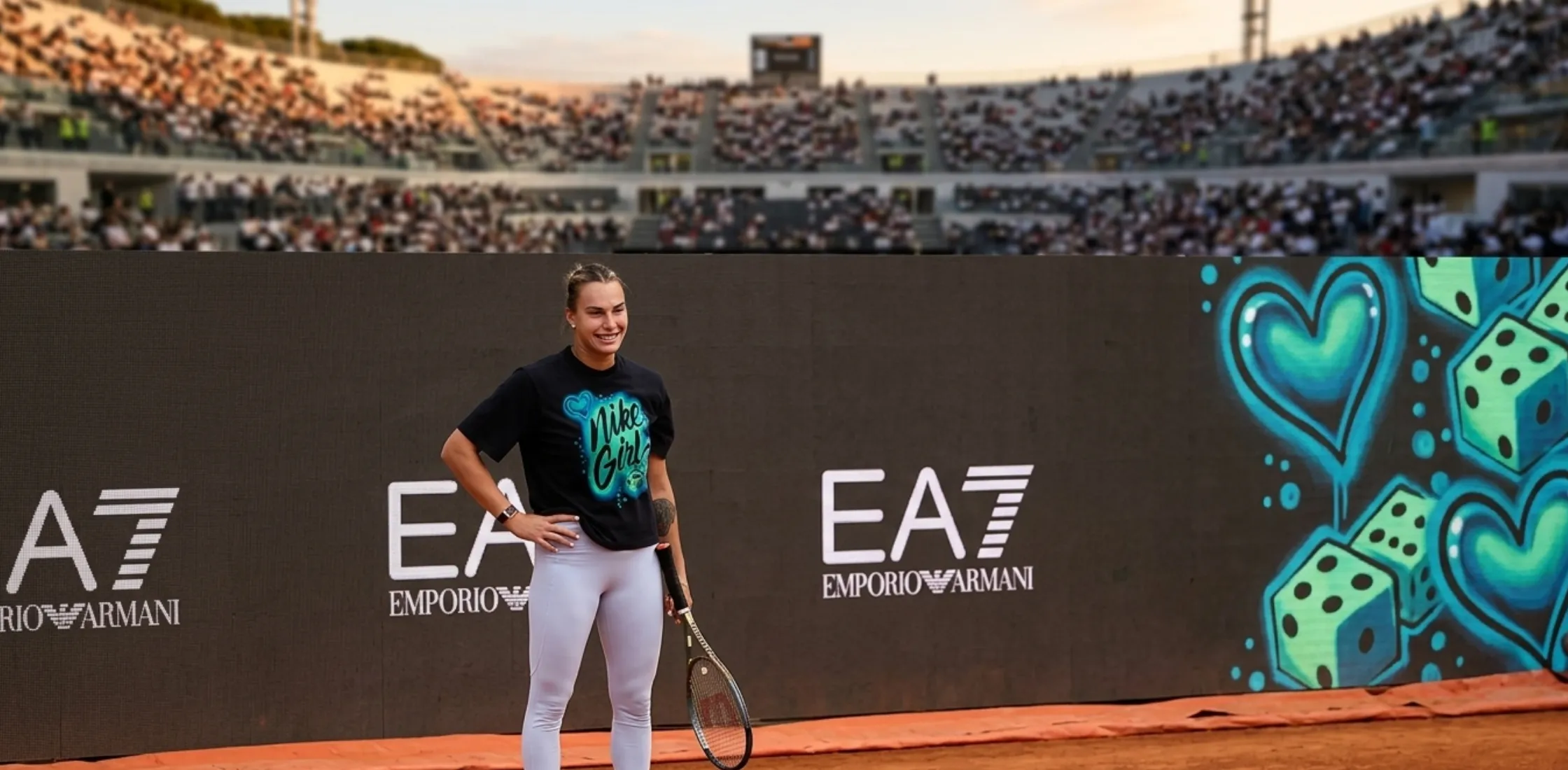 Aryna Sabalenka Internazionali BNL D’Italia 2026 black oversized graphic T-shirt with neon graffiti tennis streetwear design