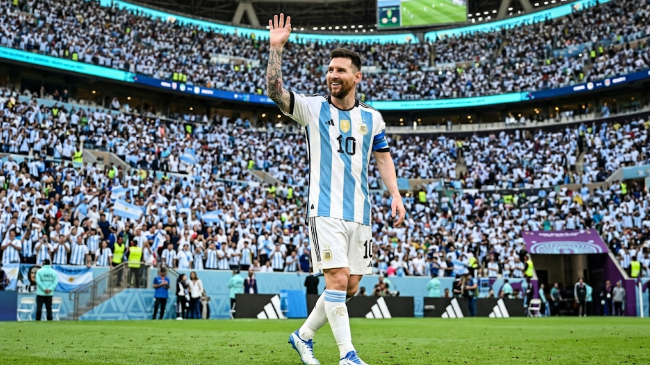 Lionel Messi 2026 Argentina World Cup jersey sky blue and white stripes with gold championship details number 10 football shirt