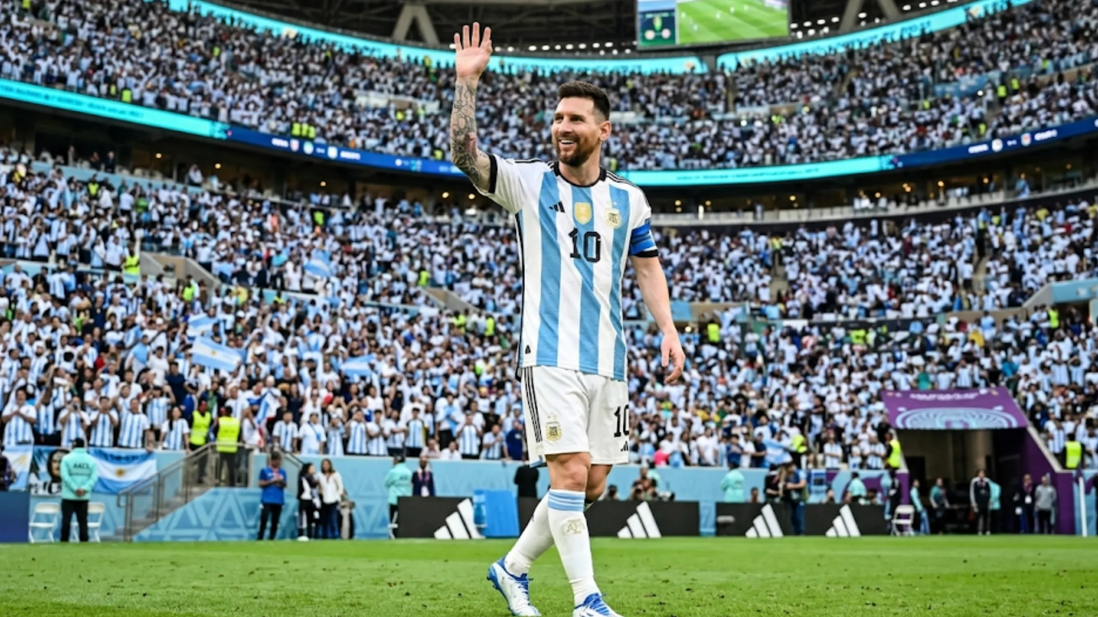 Lionel Messi 2026 Argentina World Cup jersey sky blue and white stripes with gold championship details number 10 football shirt