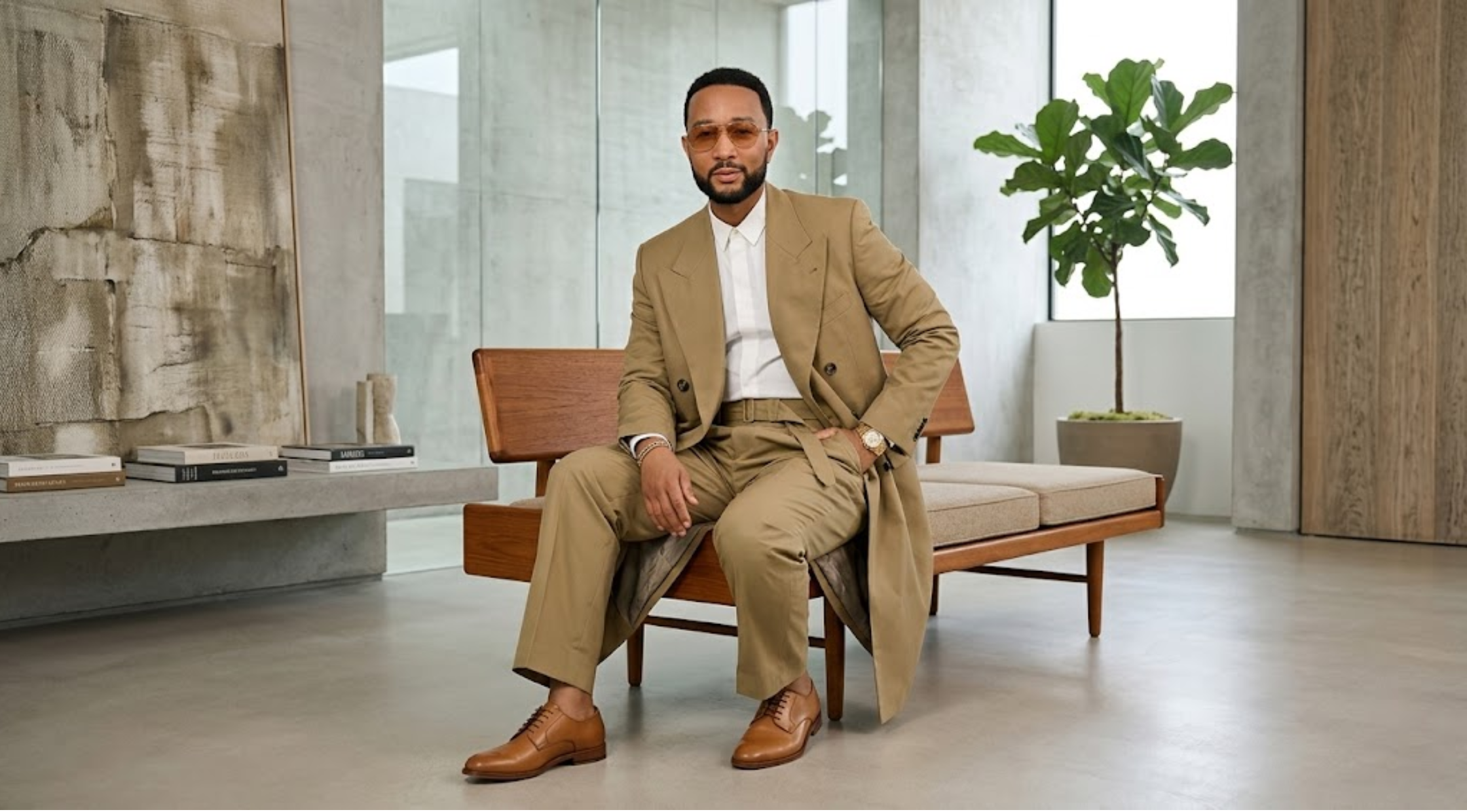 John Legend American Music Awards 2026 Beige Double-Breasted Cotton Coat with Peak Lapel Collar