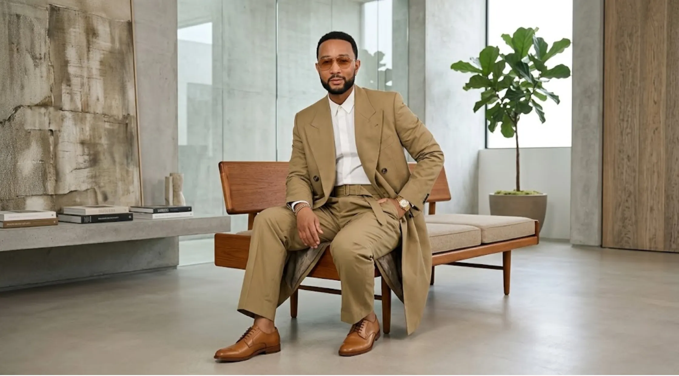 John Legend American Music Awards 2026 Beige Double-Breasted Cotton Coat with Peak Lapel Collar