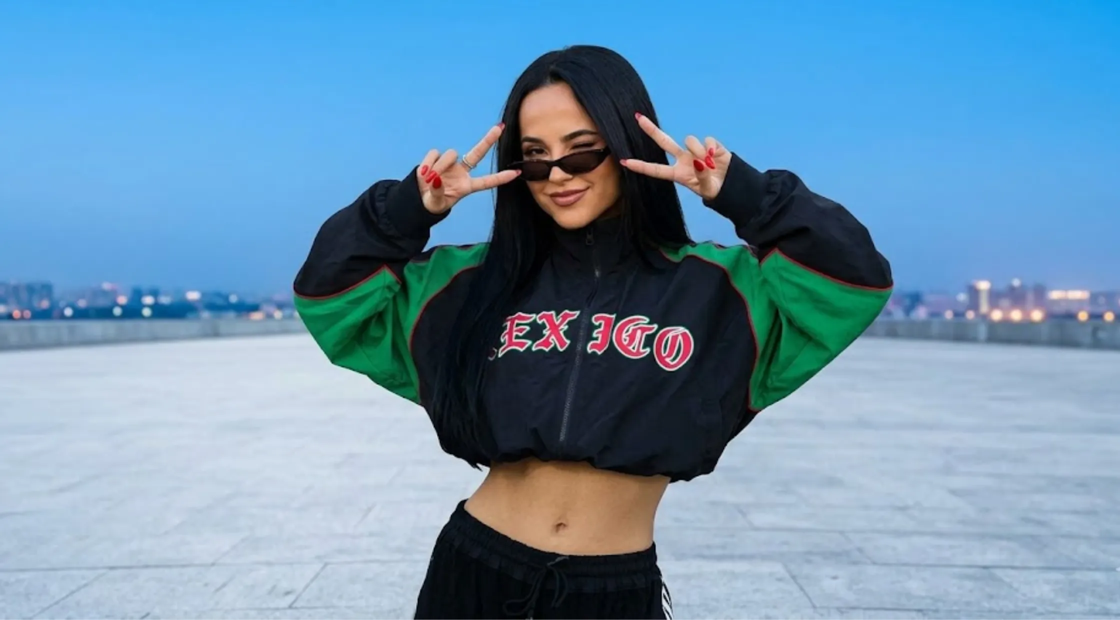 Becky G Gothic MEXICO Oversized Cropped Track Jacket in Black and Green with Stand Collar