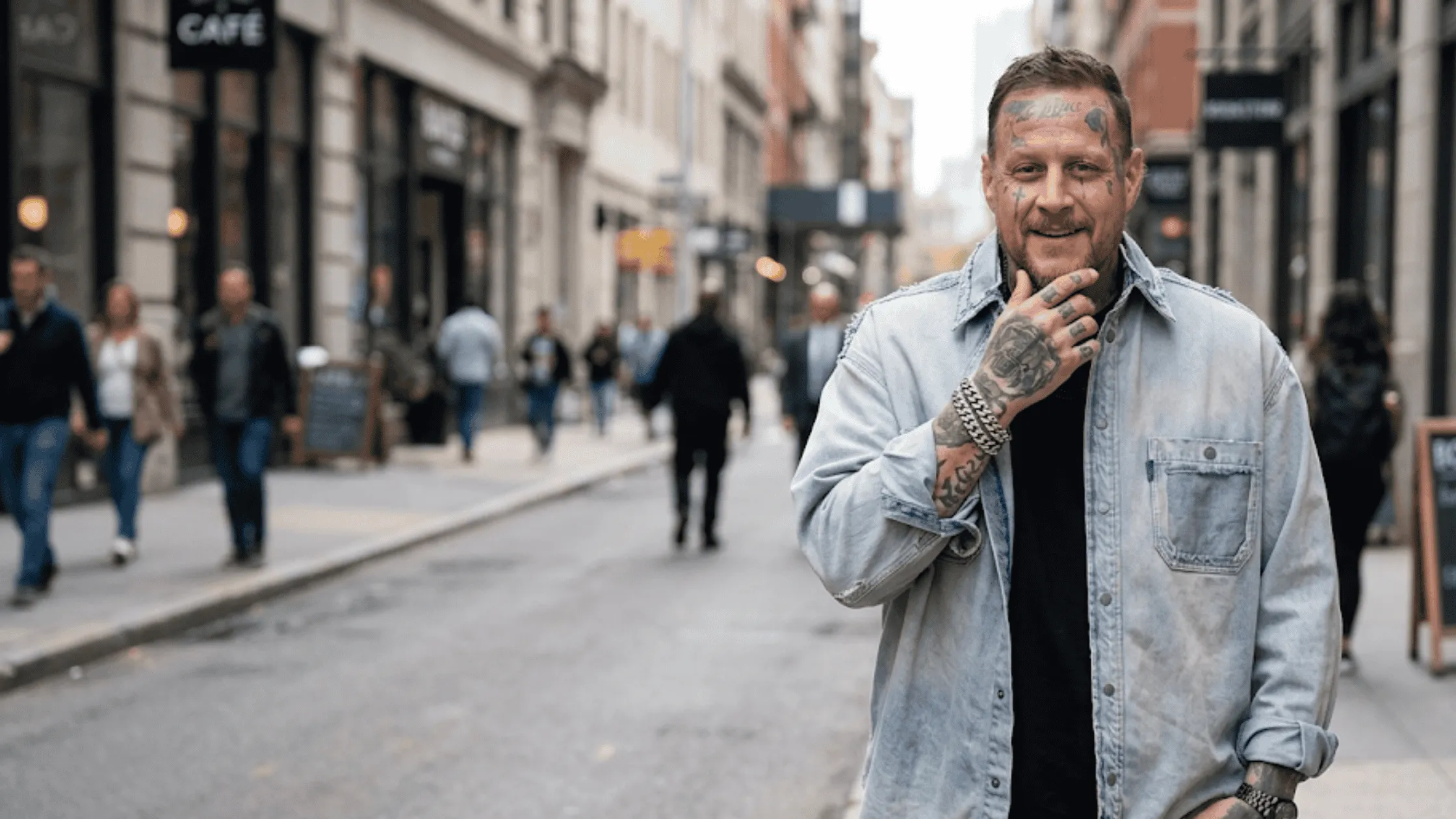 Man with facial tattoos walking down a city street looking back, wearing the Jelly Roll Los Angeles 2026 oversized light blue acid wash denim jacket with heavy distressing and patch details on the back.
