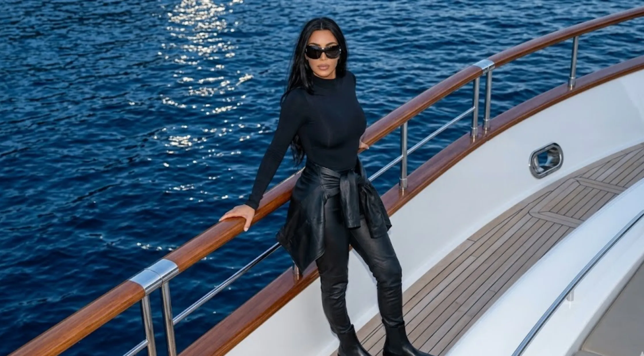 Kim Kardashian Monaco Grand Prix 2026 Black Leather Moto Jacket with High Neck Snap-Tab Collar