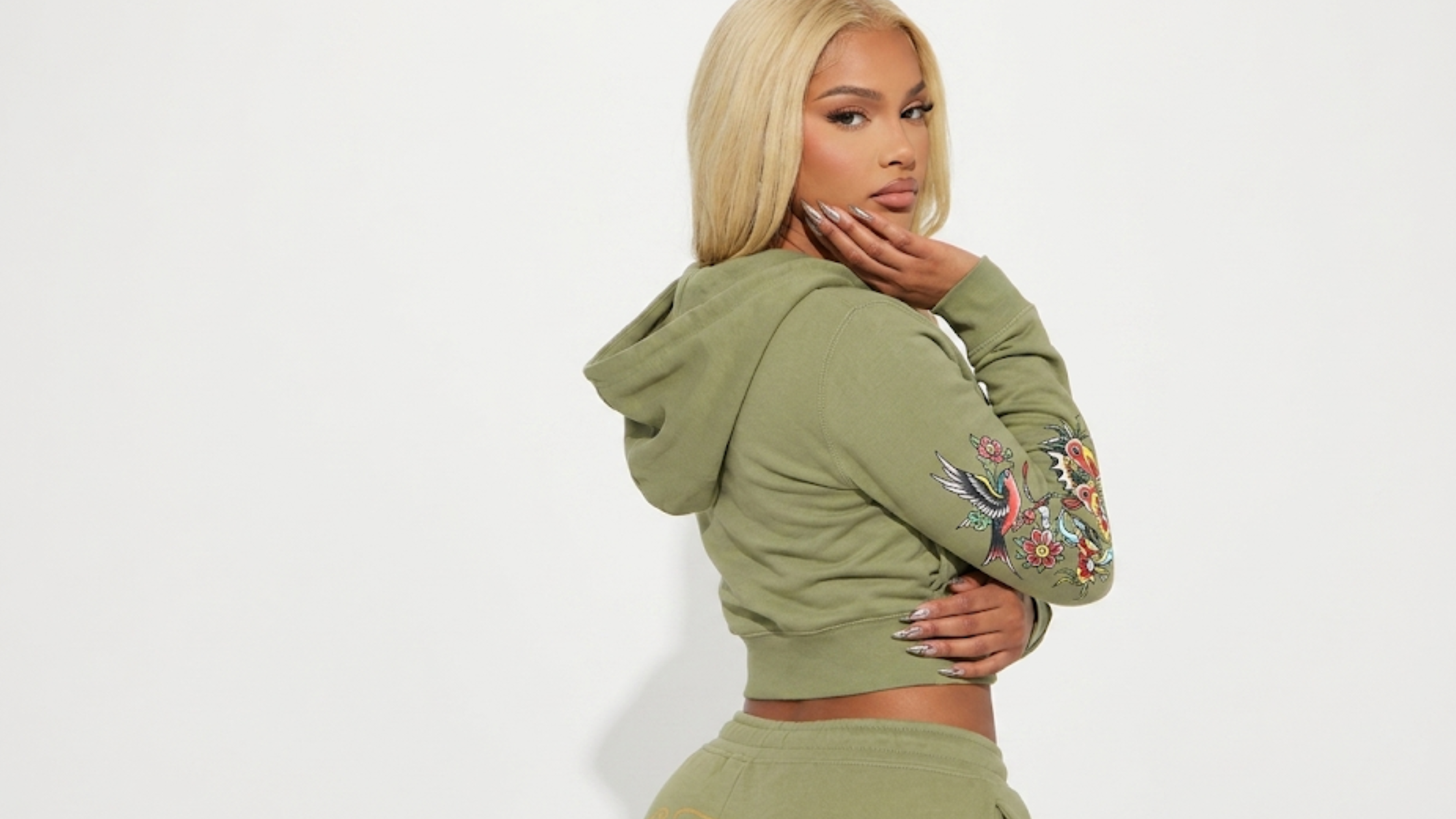The Chi S08 Butterfly Ed Hardy zip front cropped olive green hoodie tattoo graphic Y2K streetwear jacket