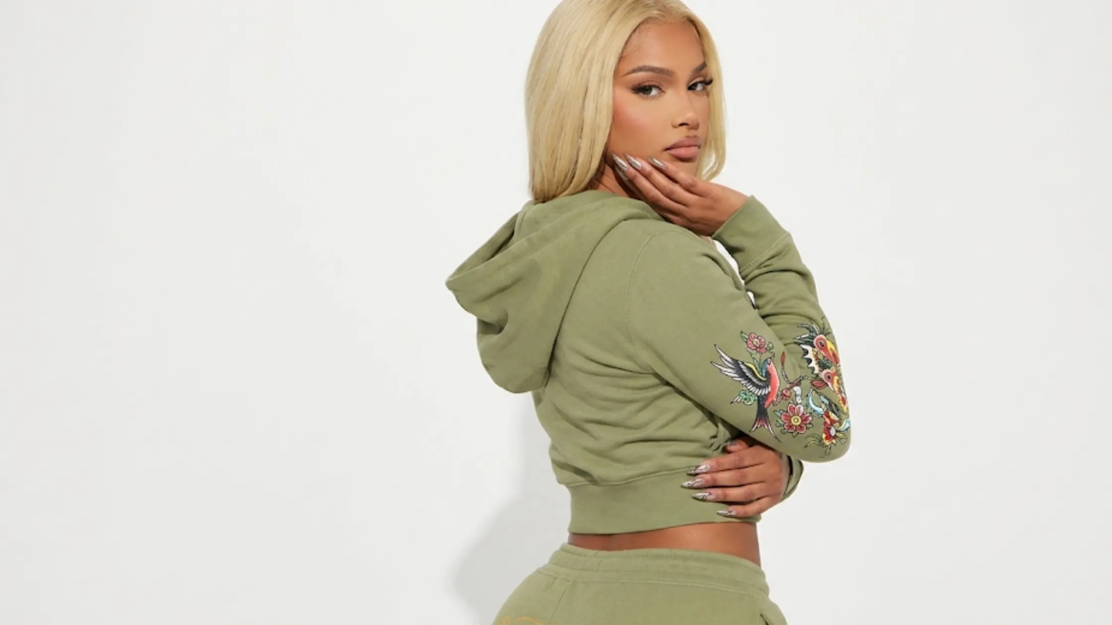 The Chi S08 Butterfly Ed Hardy zip front cropped olive green hoodie tattoo graphic Y2K streetwear jacket