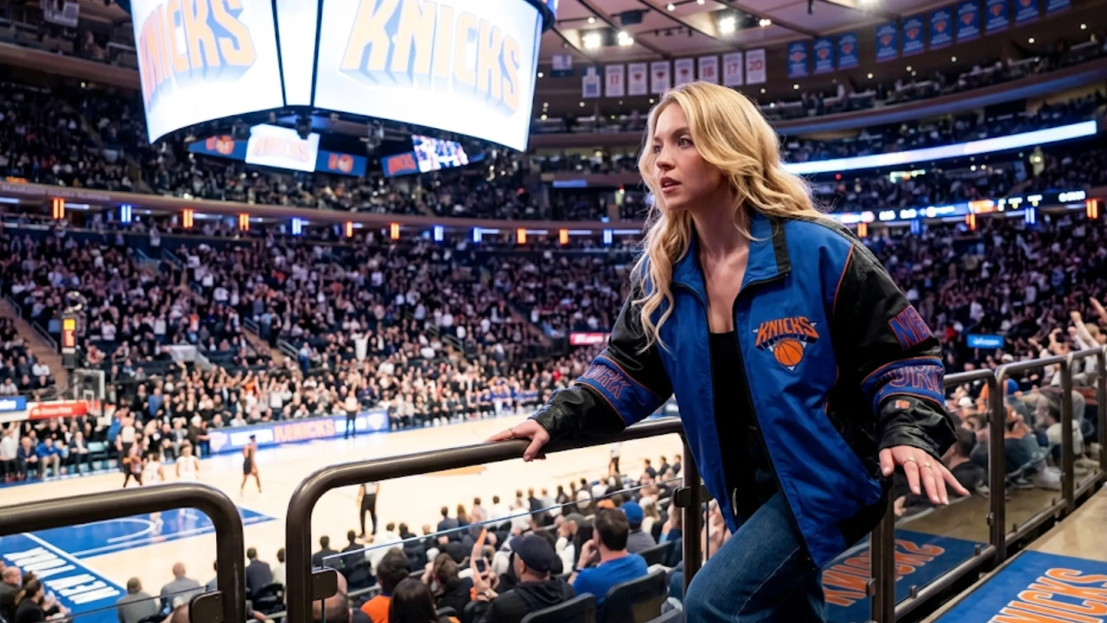 Sydney Sweeney 2026 NBA Finals New York Knicks varsity jacket blue black leather sleeves embroidered logo courtside outfit
