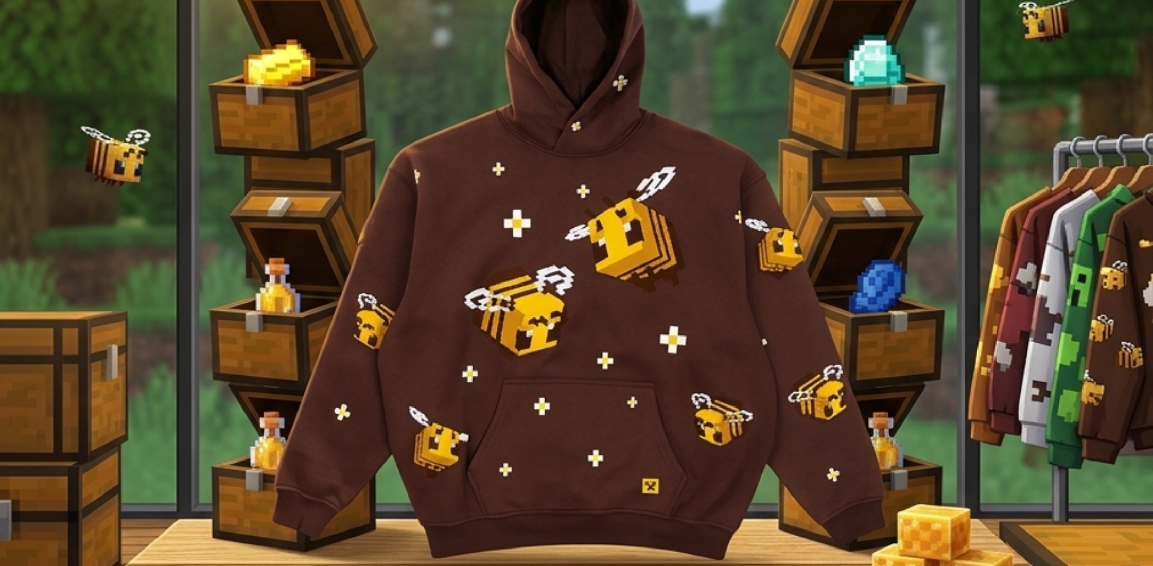 Minecraft-Inspired Pixel Art Bee Embroidery Oversized Brown Hoodie with 3D chenille bee patches and oversized streetwear fit