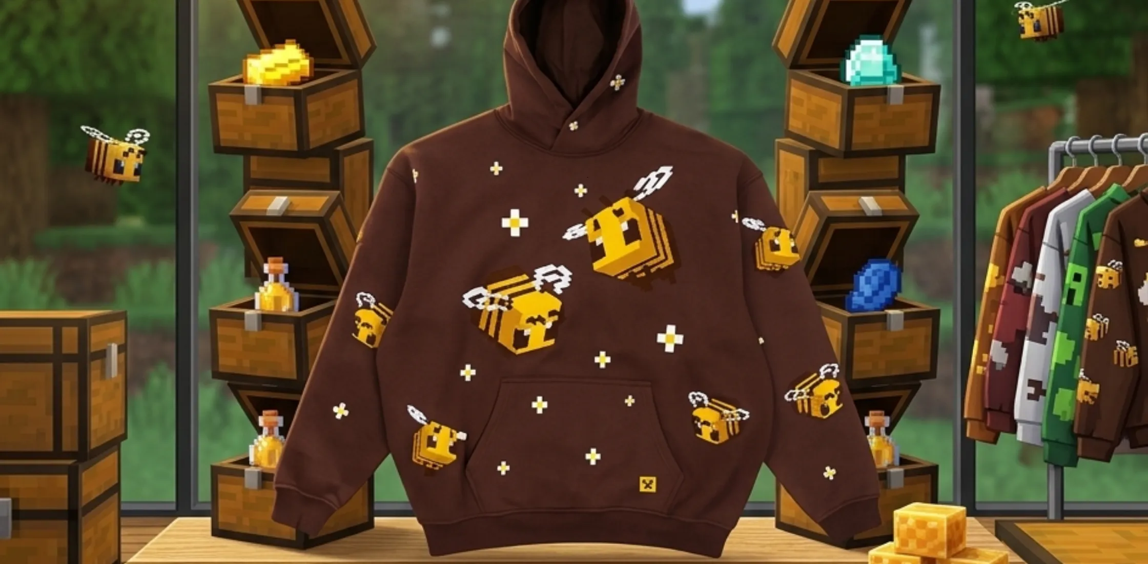 Minecraft-Inspired Pixel Art Bee Embroidery Oversized Brown Hoodie with 3D chenille bee patches and oversized streetwear fit