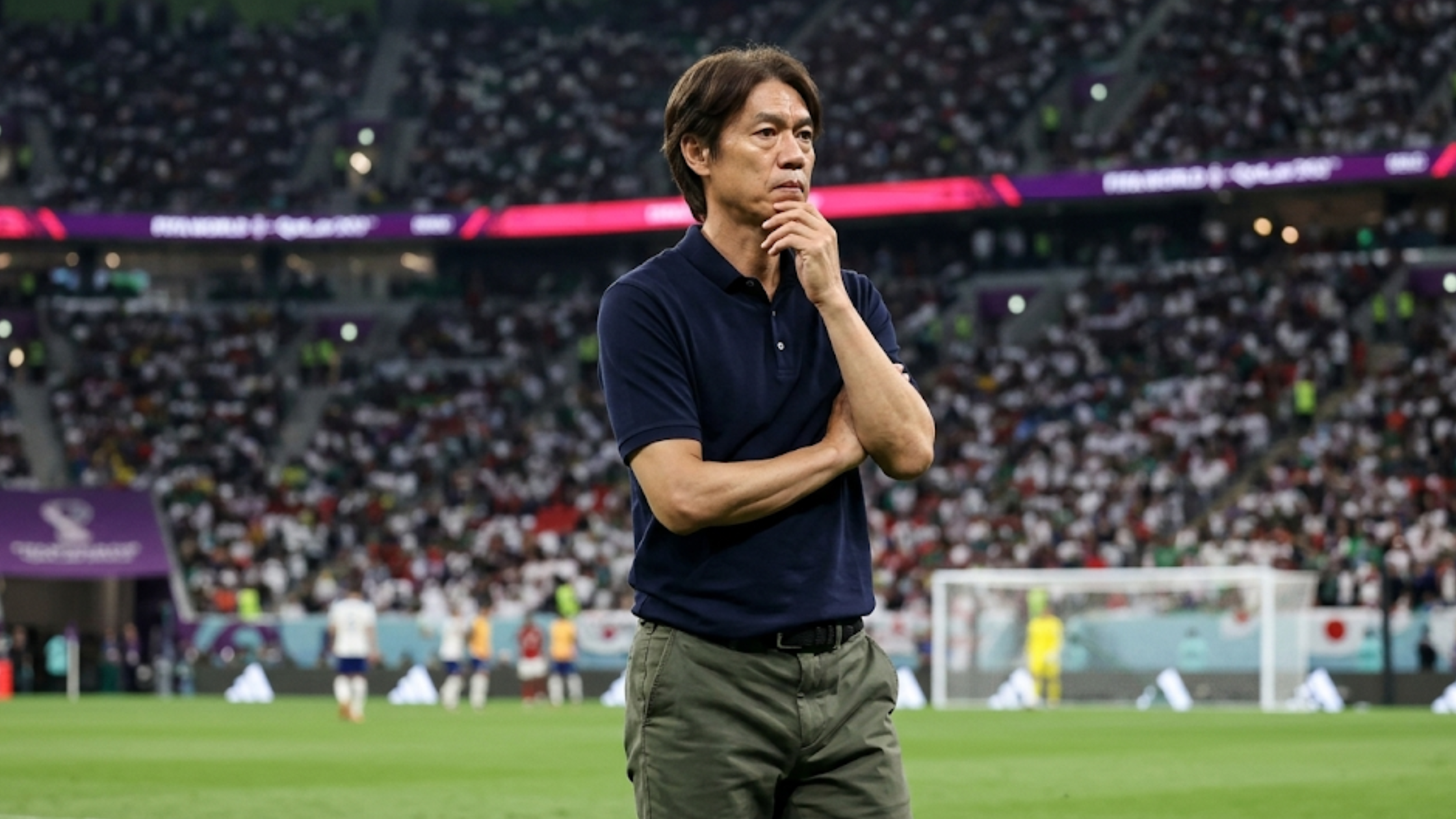 Myung-Bo Hong 2026 FIFA World Cup navy blue polo shirt three-button performance knit coaching sideline style South Korea team apparel