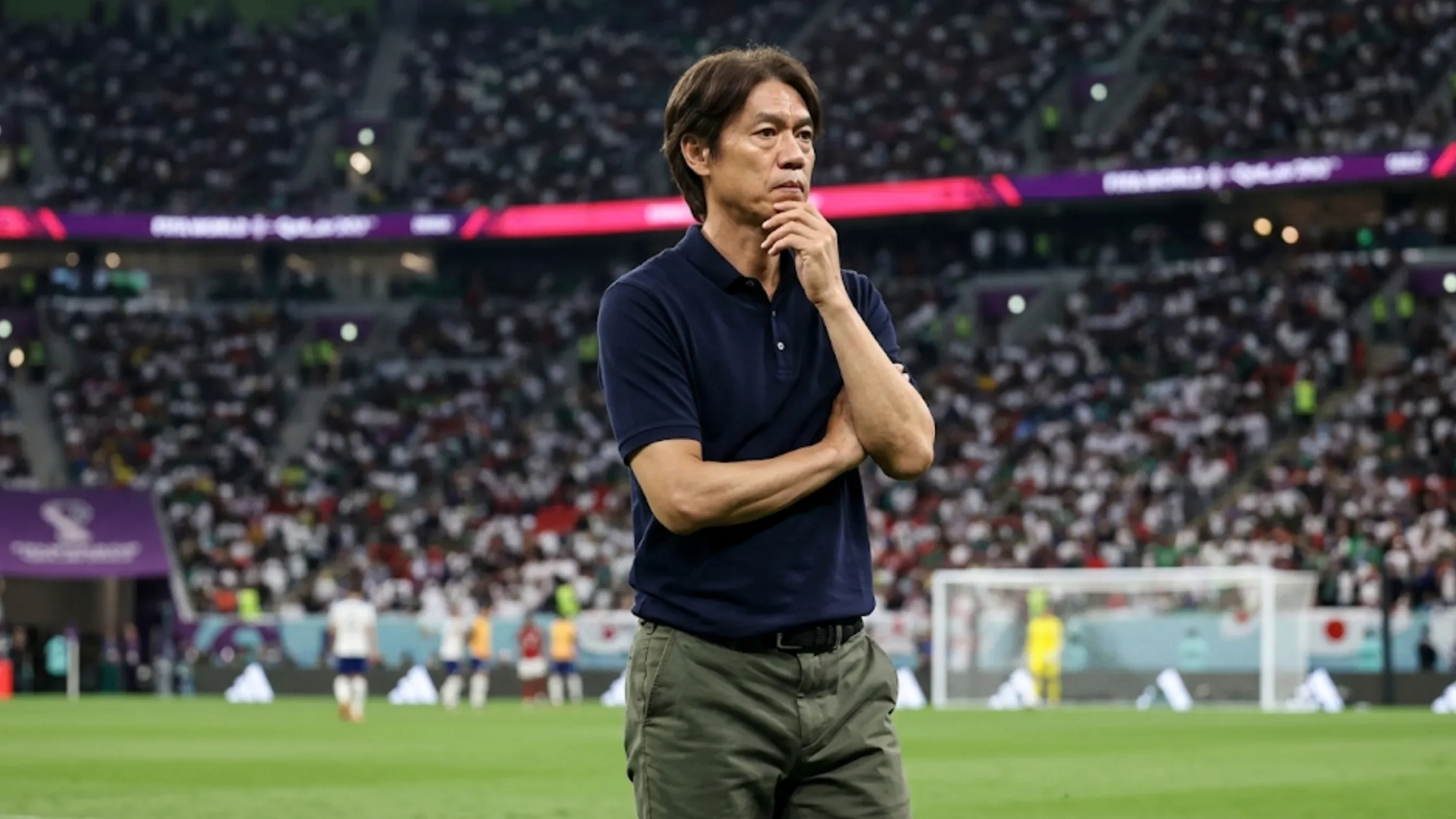 Myung-Bo Hong 2026 FIFA World Cup navy blue polo shirt three-button performance knit coaching sideline style South Korea team apparel