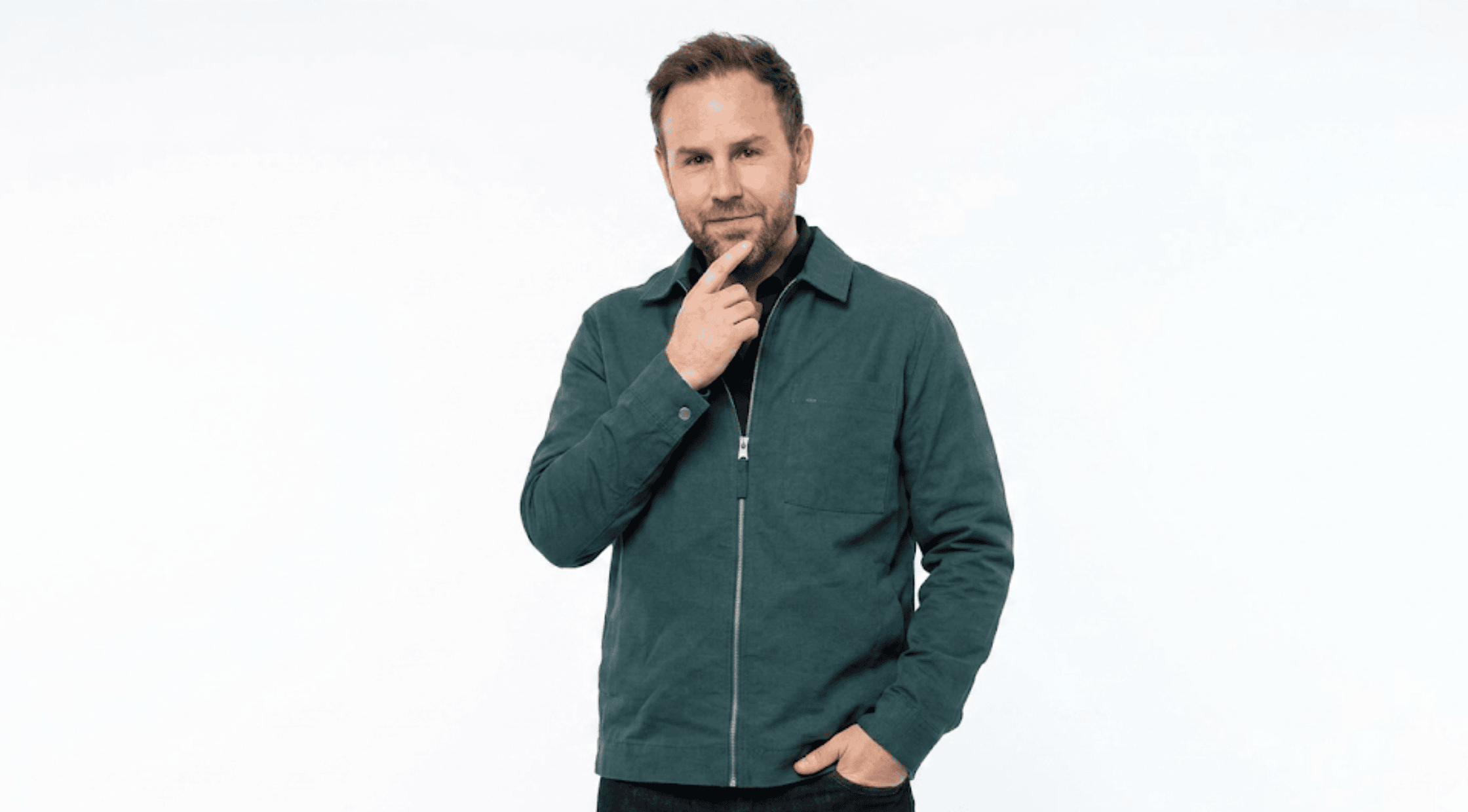 Rafe Spall Trying Season 4 slate blue Harrington style cotton jacket with a silver zipper and shirt collar.