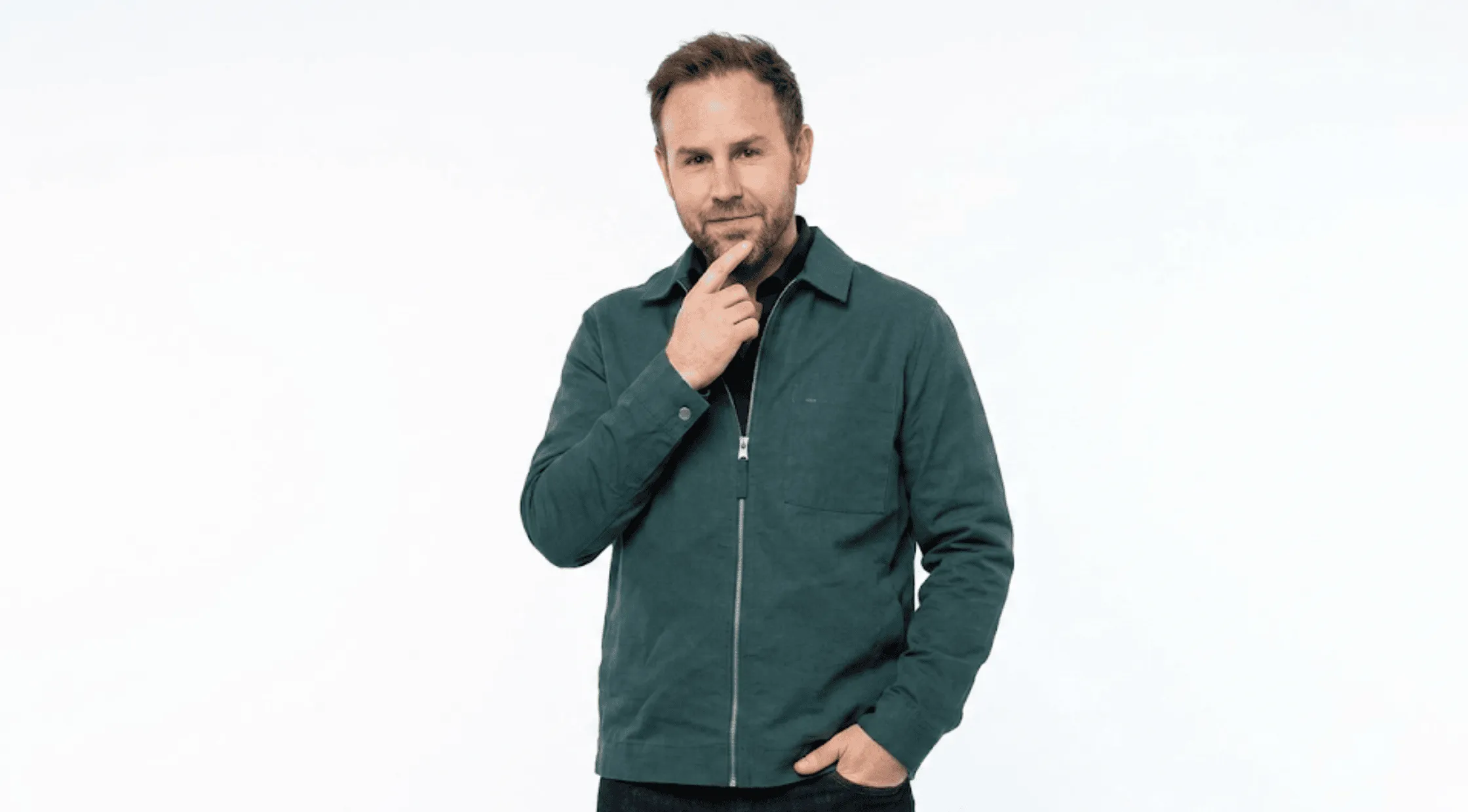 Rafe Spall Trying Season 4 slate blue Harrington style cotton jacket with a silver zipper and shirt collar.