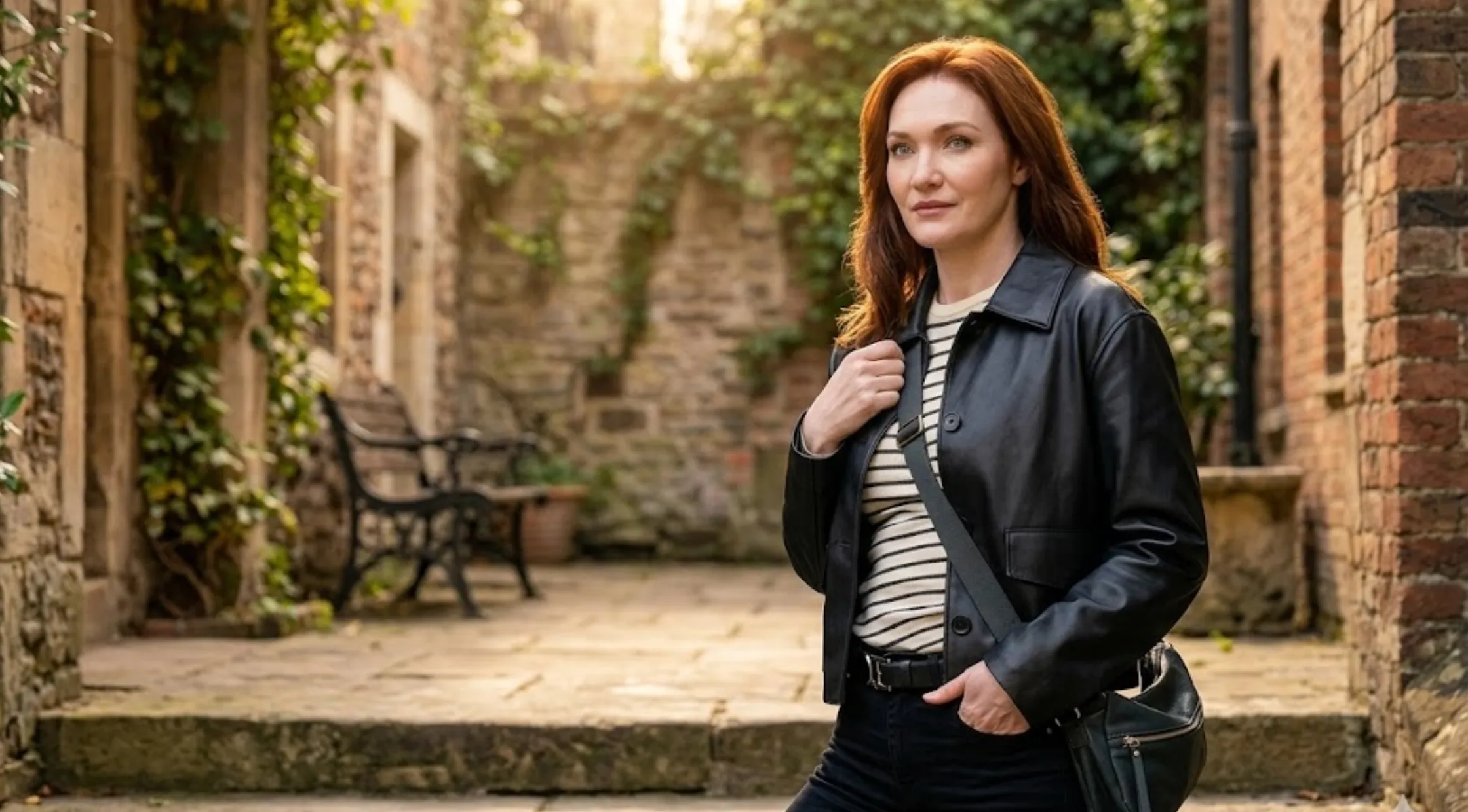 Eleanor Tomlinson The Fortune S01 Amanda Blakefield Black Cropped Leather Shirt Jacket with Patch Pockets
