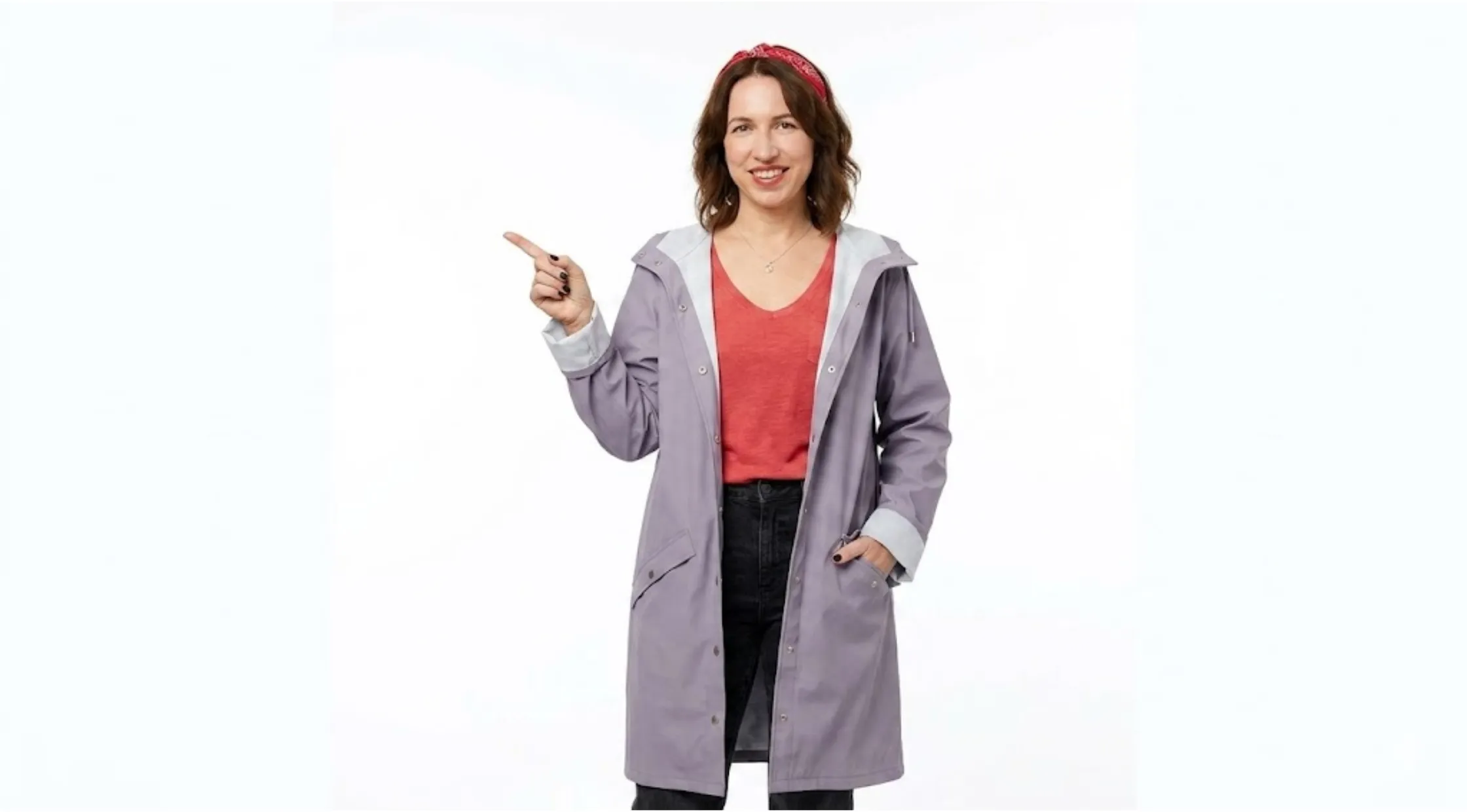 Esther Smith Trying Season 5 Dusty Purple Hooded Trench Coat with Silver Snap Button Closure